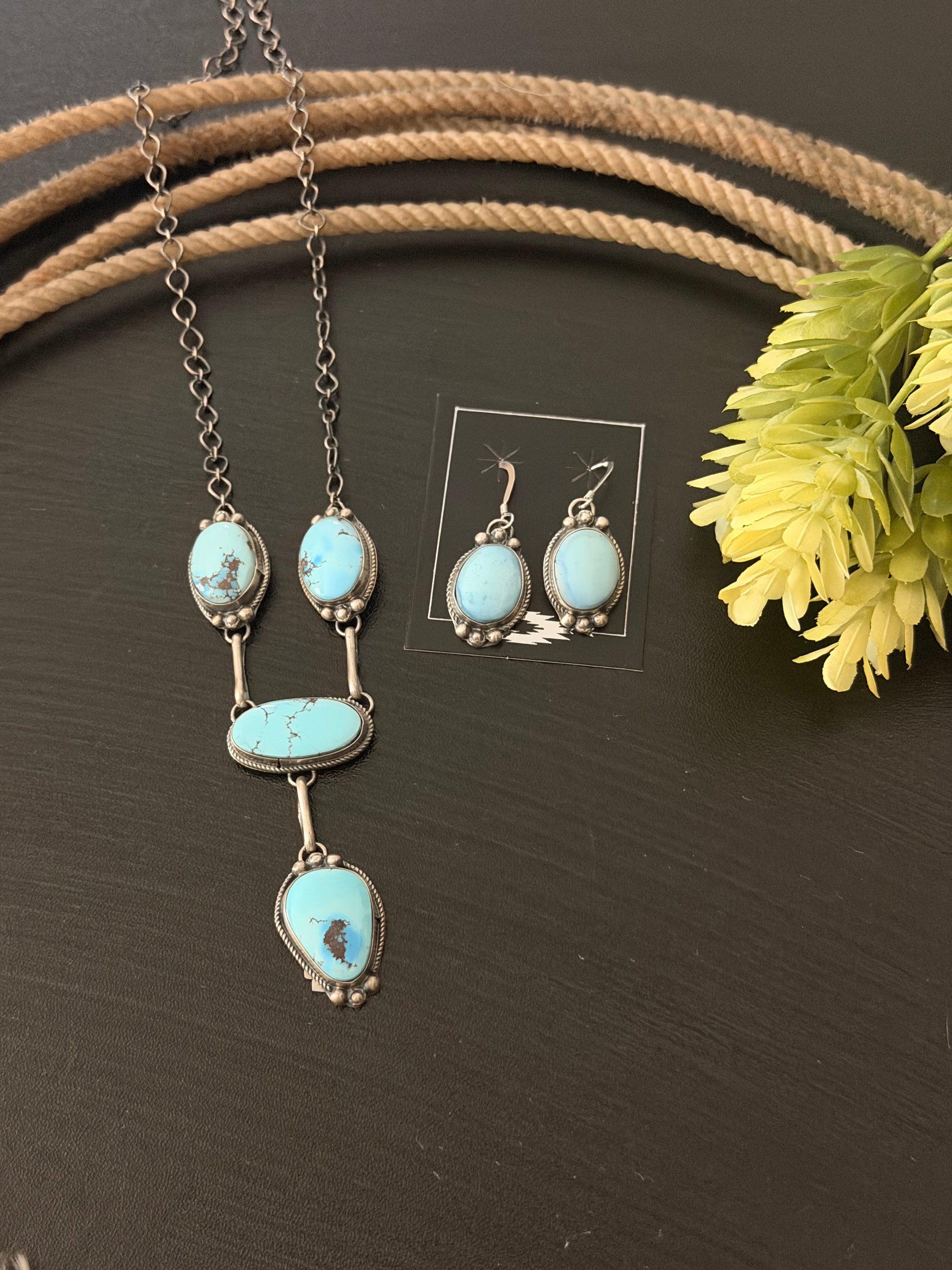 George Rios Golden Hills Turquoise & Sterling Silver Lariat Necklace Set