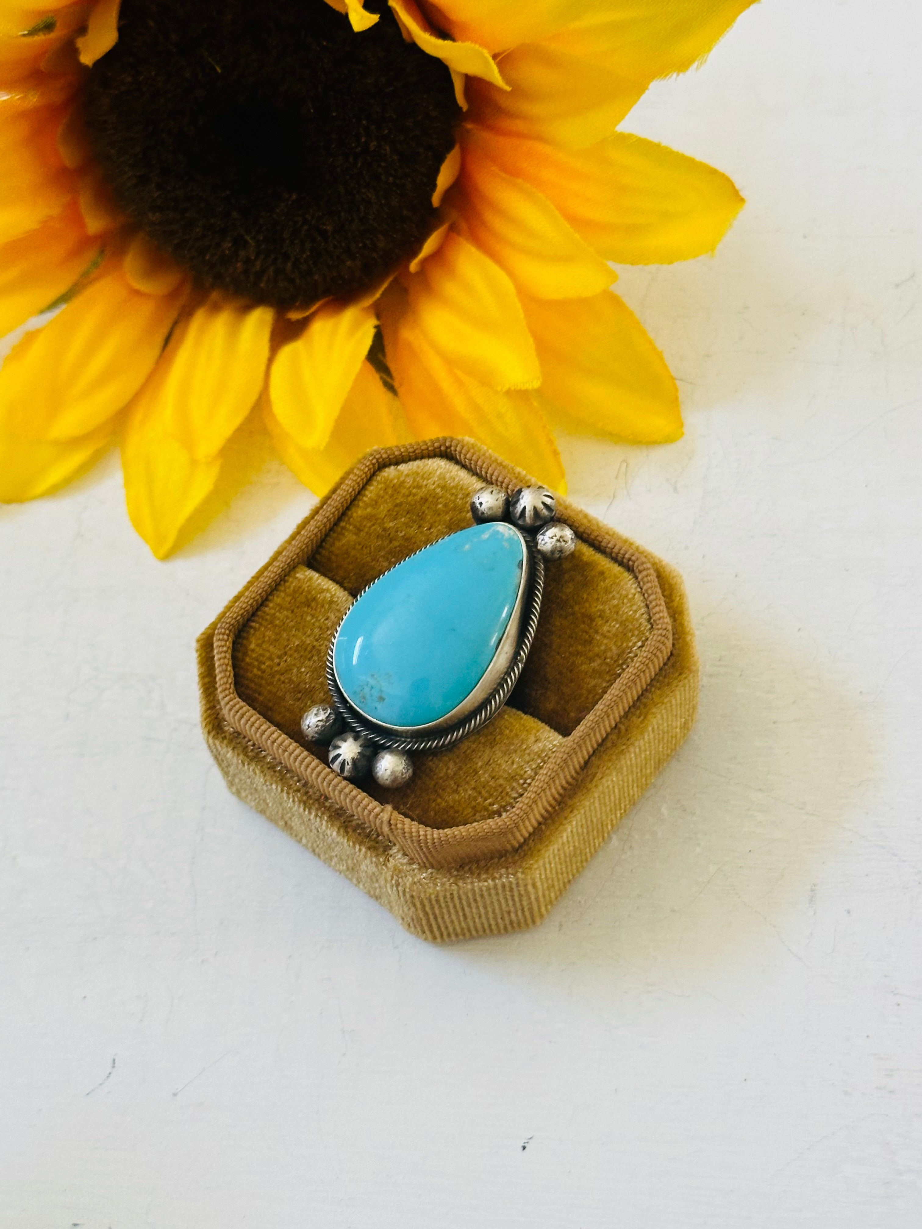 Navajo Made Kingman Turquoise & Sterling Silver Ring Size 5.25