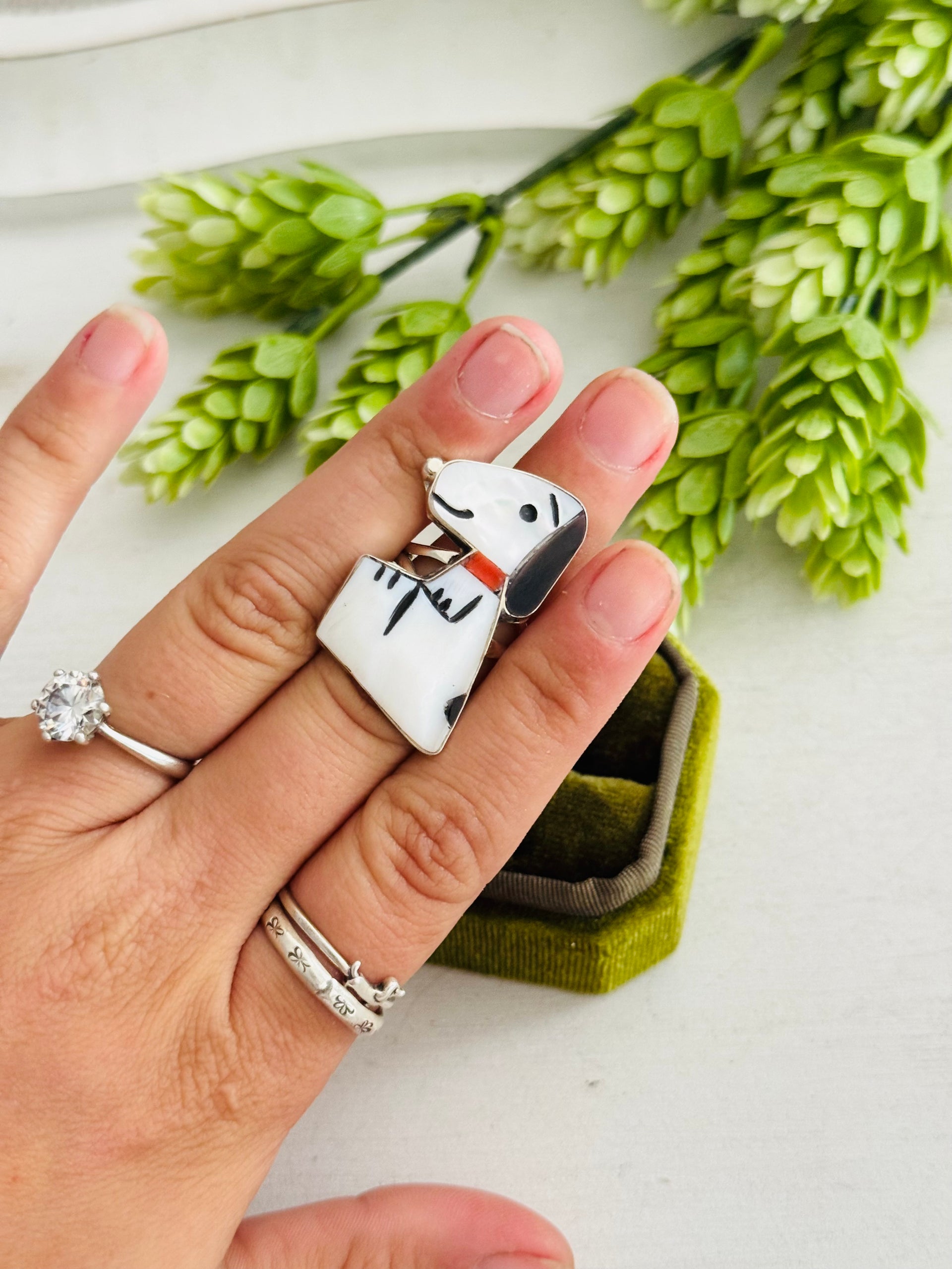 Zuni Made Multi Stone & Sterling Silver Snoopy Inlay Ring