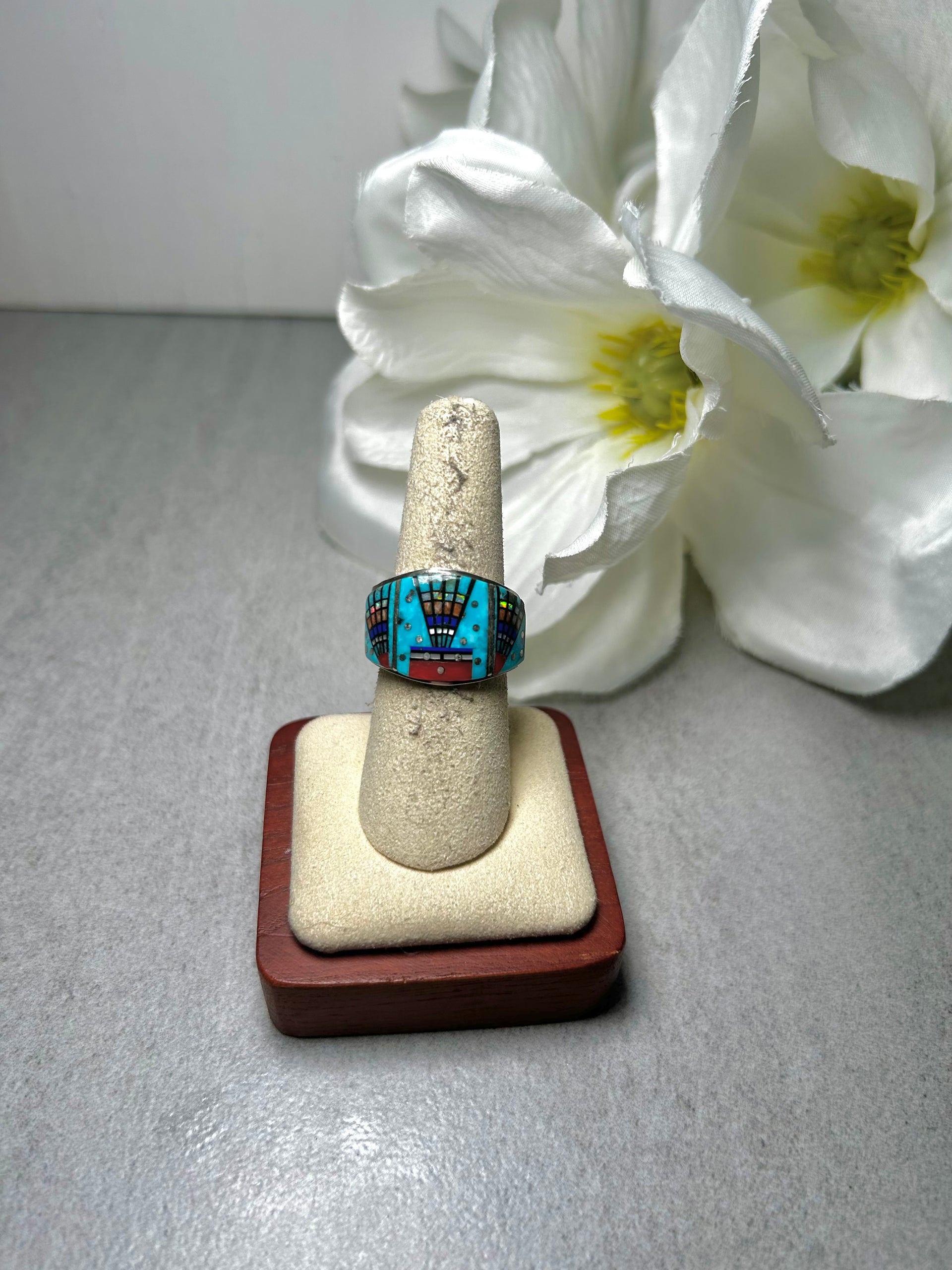 Navajo Made Multi Stone Galaxy Inlay & Sterling Silver Ring Size 7.5