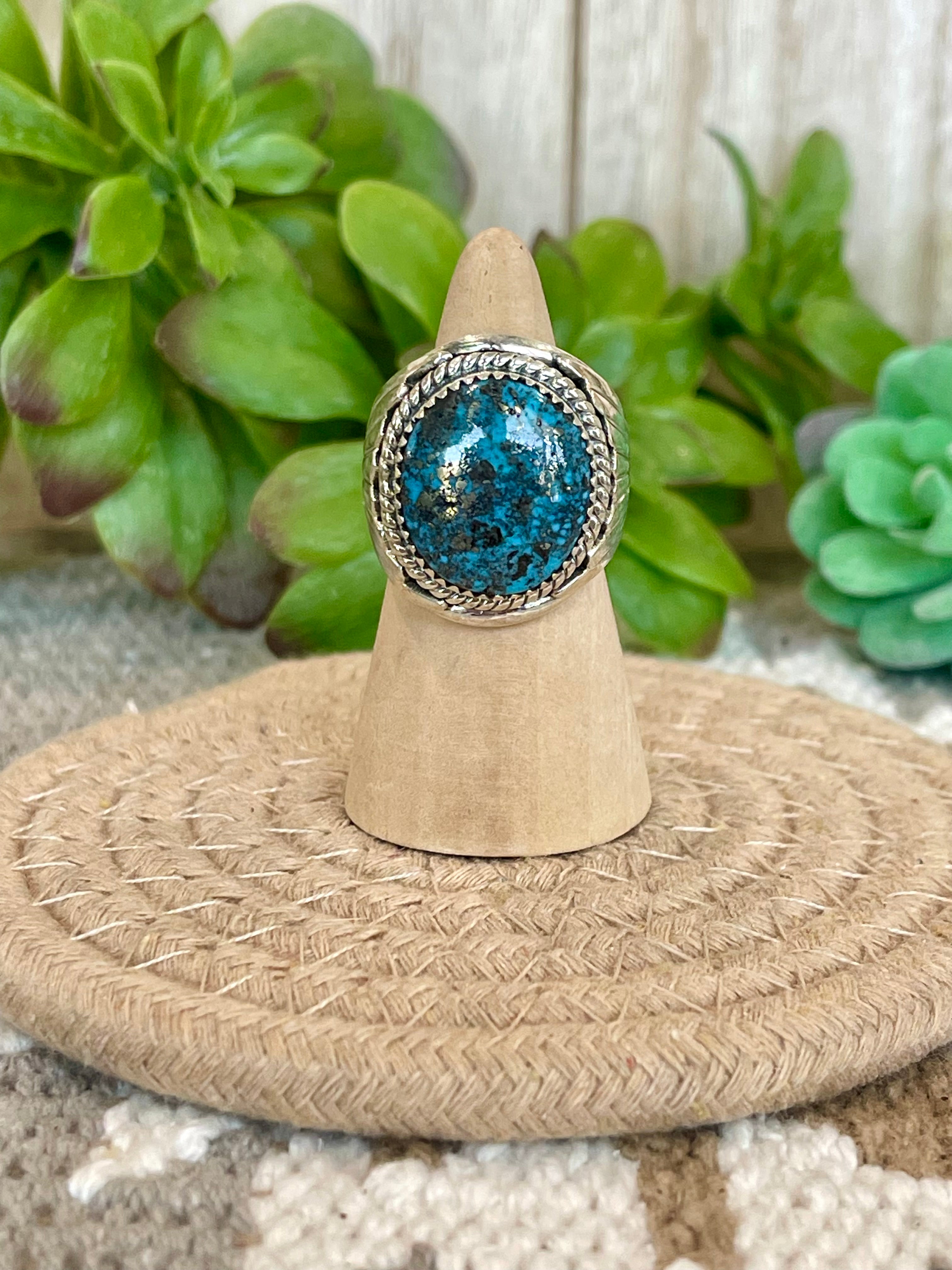 Southwest Handmade Morenci Turquoise & Sterling Silver Size 7 Ring