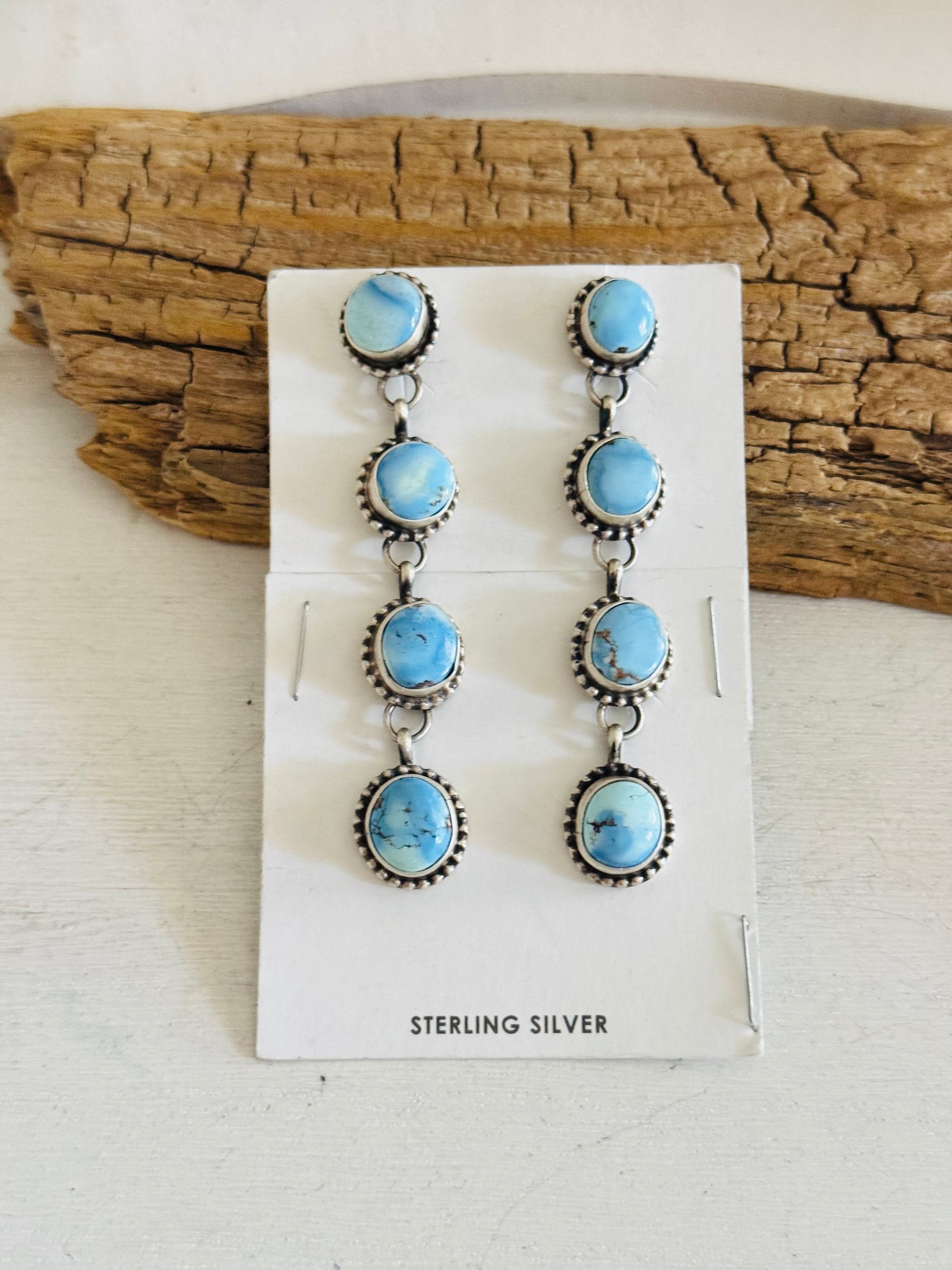Navajo Made Golden Hills Turquoise & Sterling Silver Post Dangle Earrings