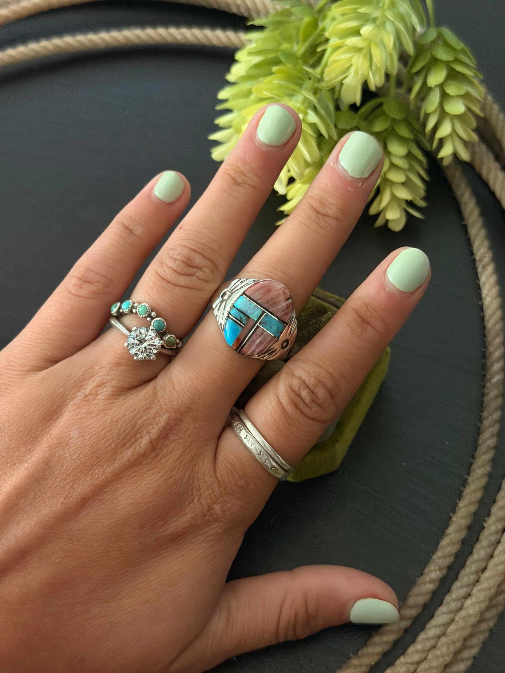 Mary Lincoln Multi Stone & Sterling Silver Inlay Ring Size 12.5