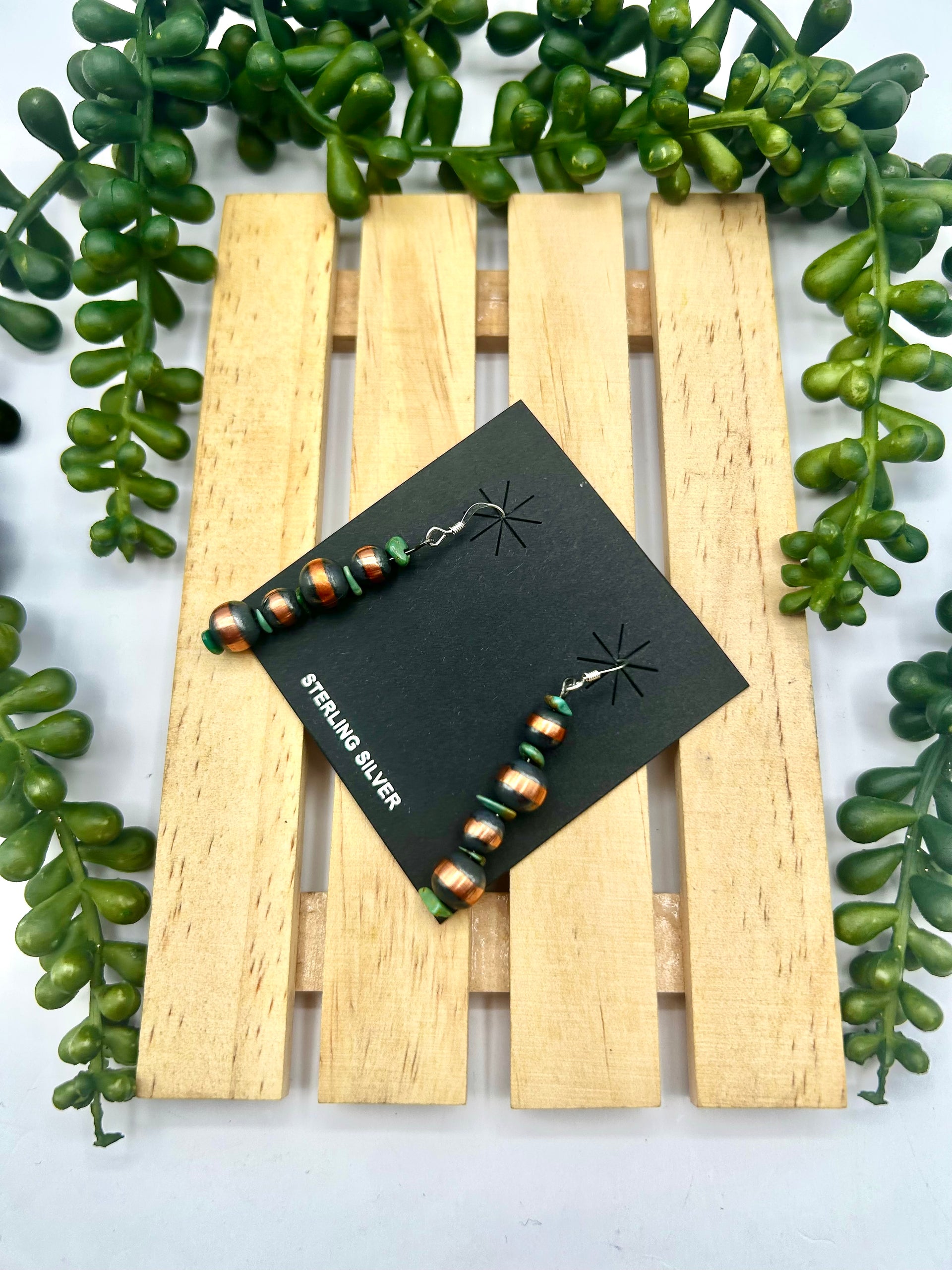 Navajo Made Strung Kingman Turquoise & Copper Hook Earrings