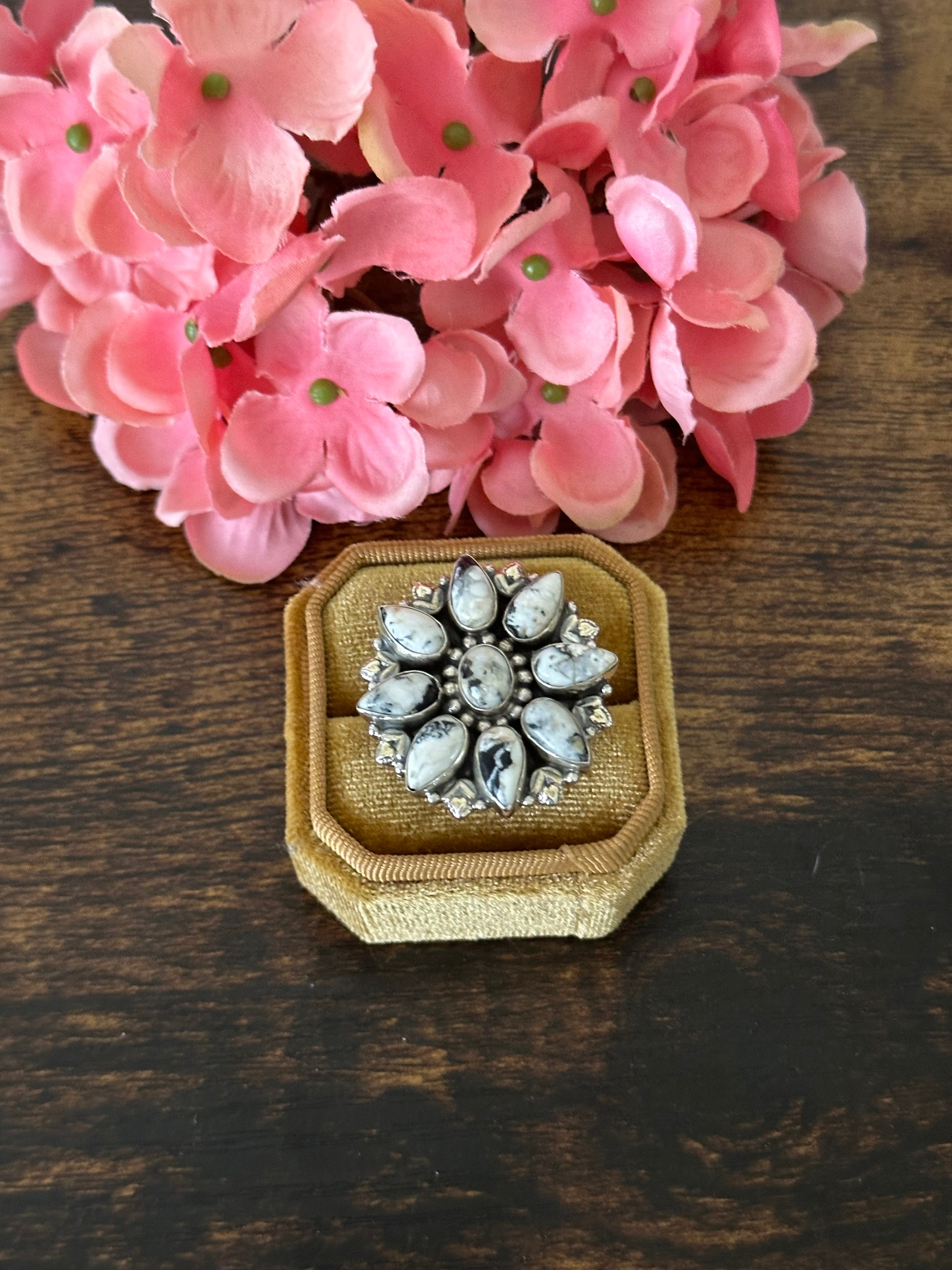 Southwest Handmade White Buffalo & Sterling Silver Cluster Adjustable Ring