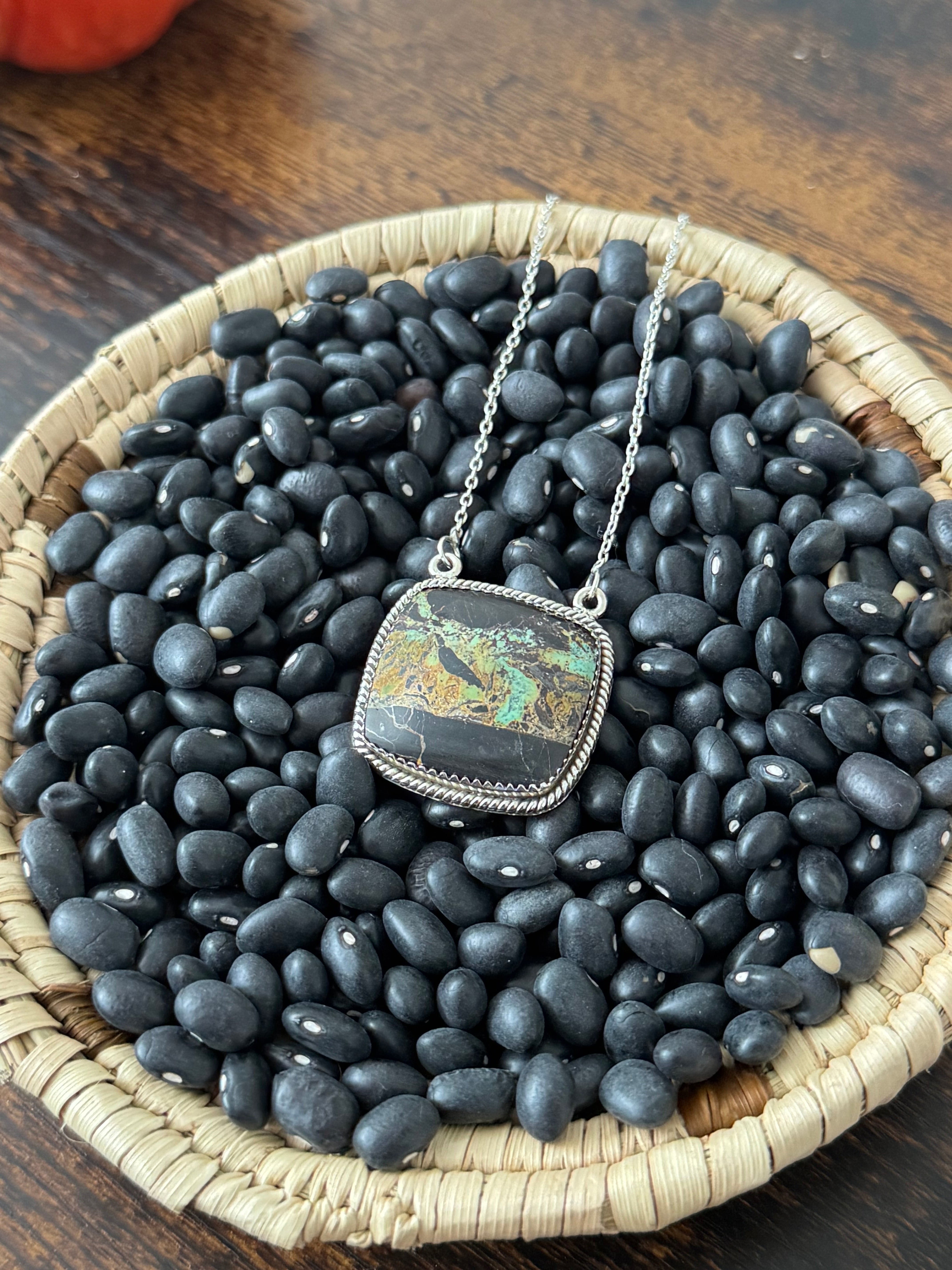 Southwest Handmade Black Jack Turquoise & Sterling Silver Bar Necklace