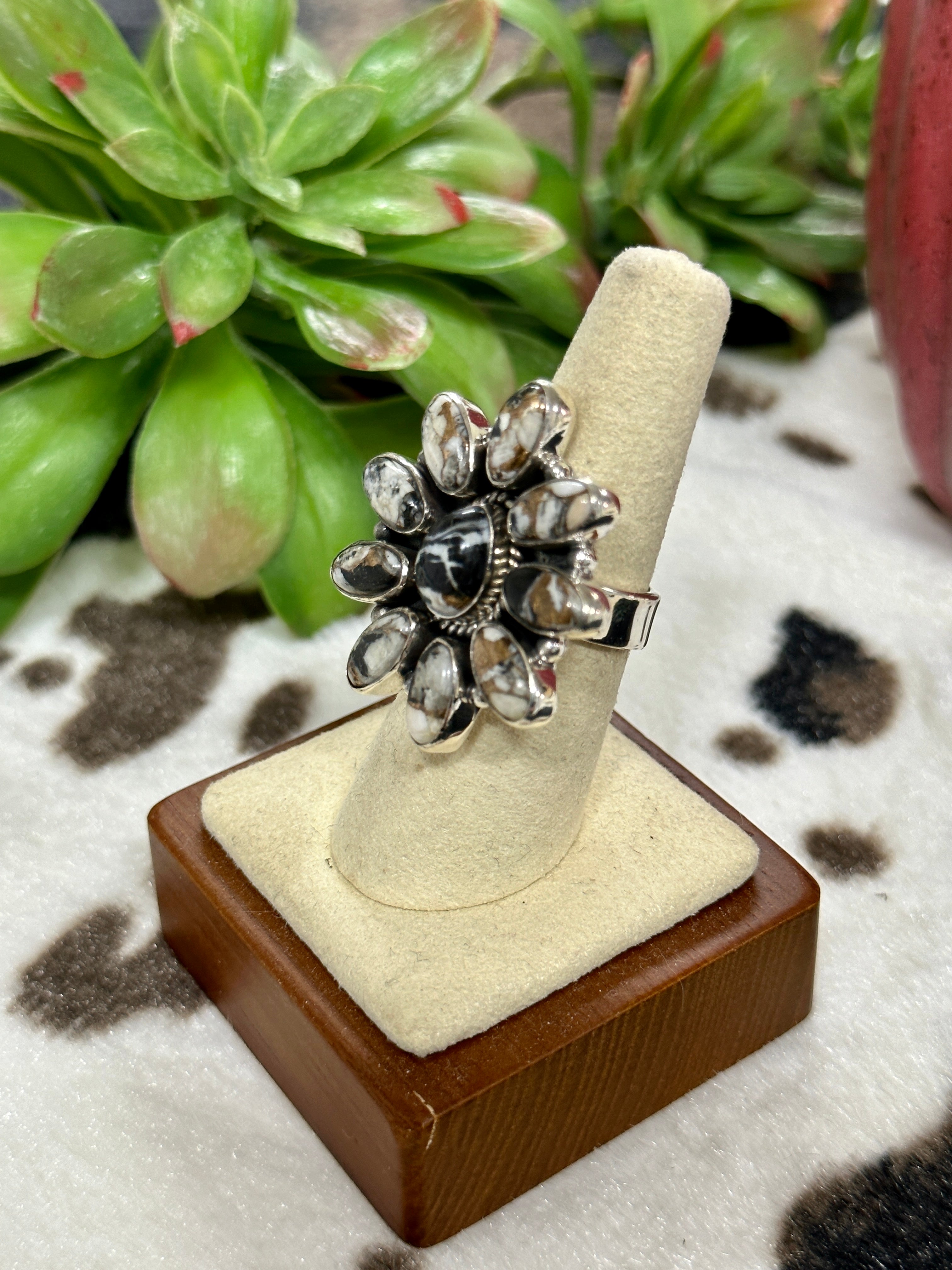 Southwest Handmade White Buffalo Mohave & Sterling Silver Cluster Adjustable Ring