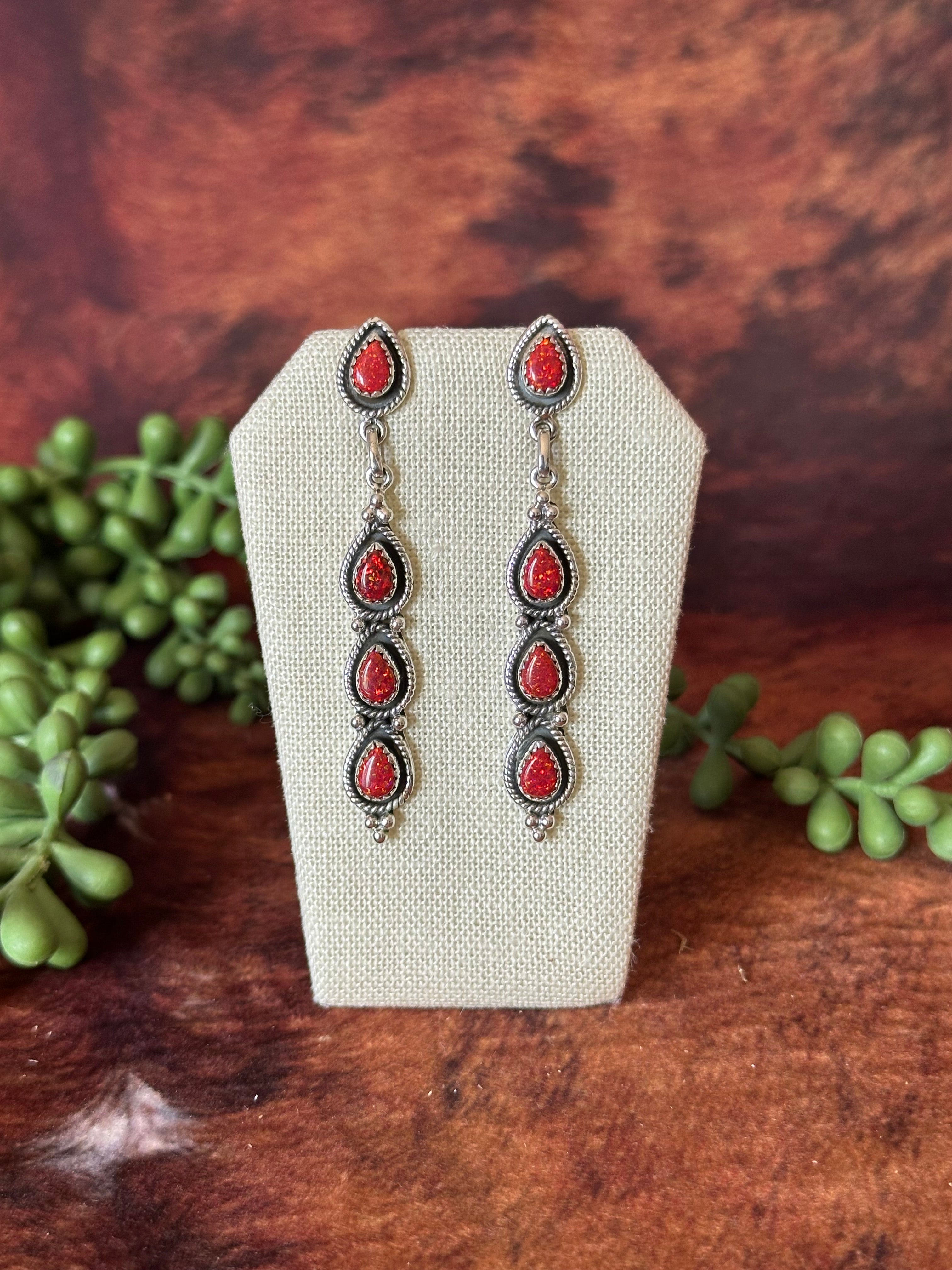 Southwest Handmade Red Opal & Sterling Silver Post Dangle Earrings