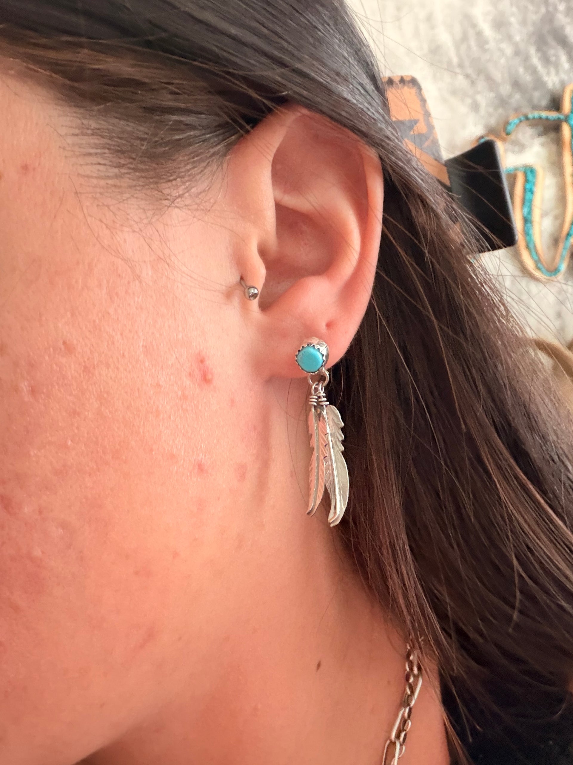 Rita Largo Kingman Turquoise & Sterling Silver Post Dangle Feather Earrings