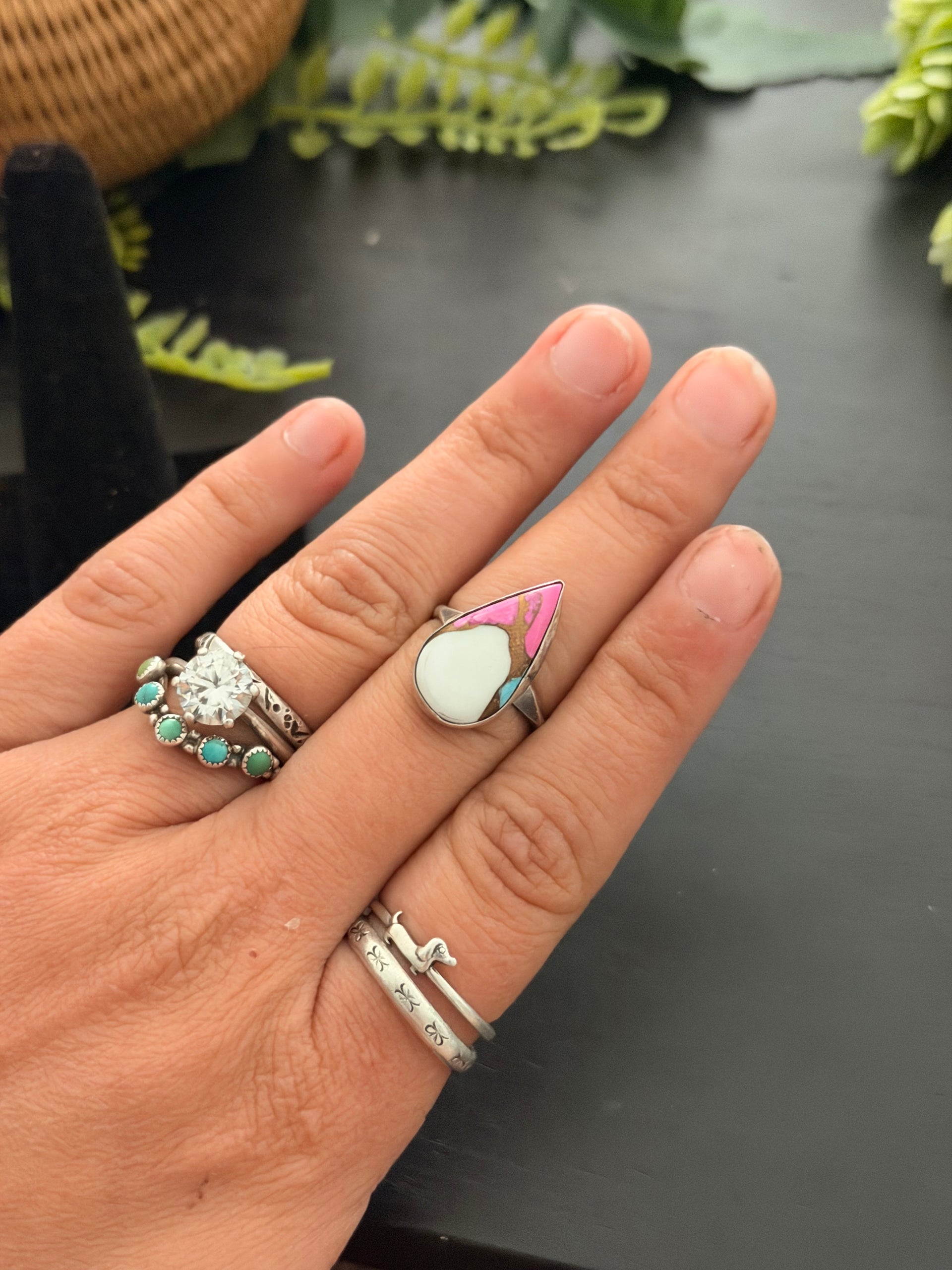 Navajo Made Cotton Candy Dahlia & Sterling Silver Ring Size 7