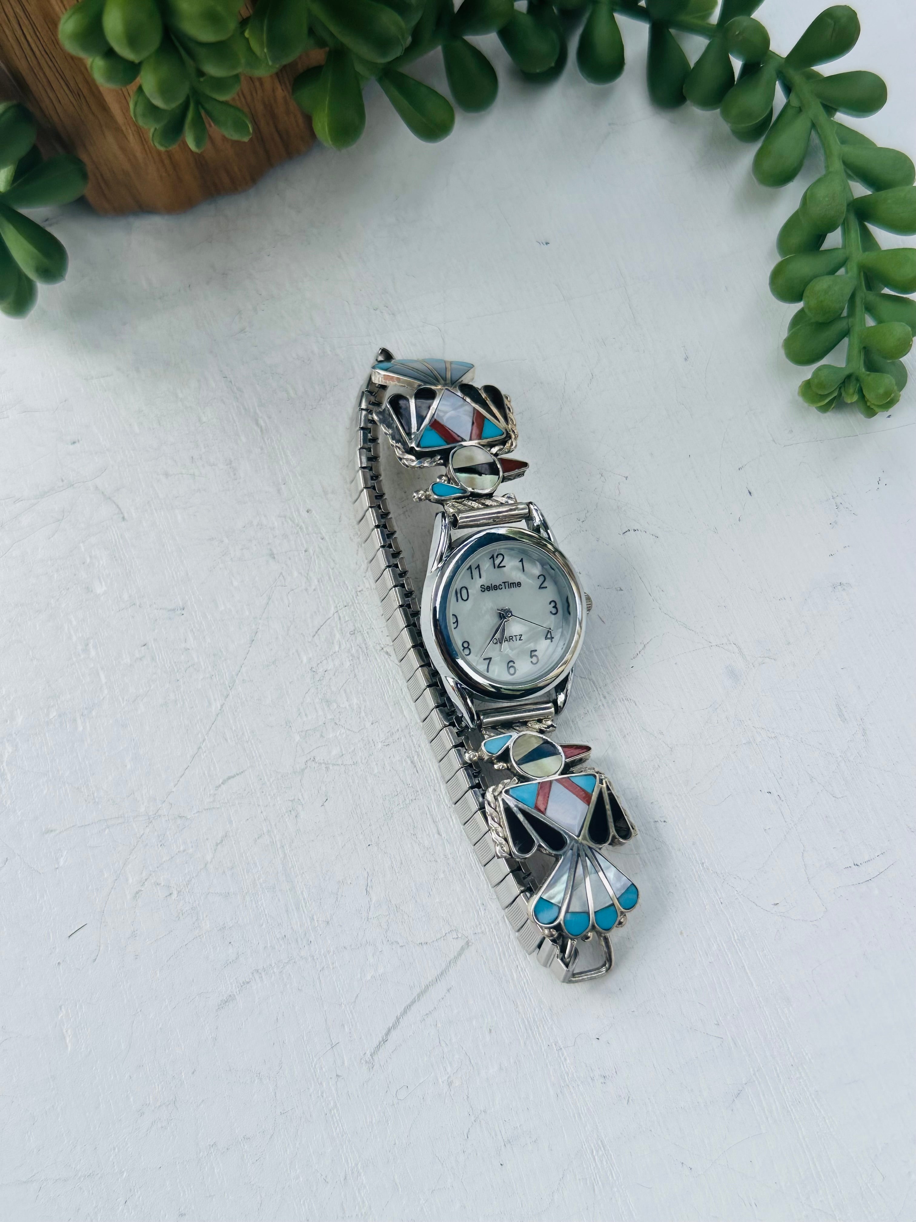 Zuni Made Multi Stone & Sterling Silver Inlay Adjustable Watch