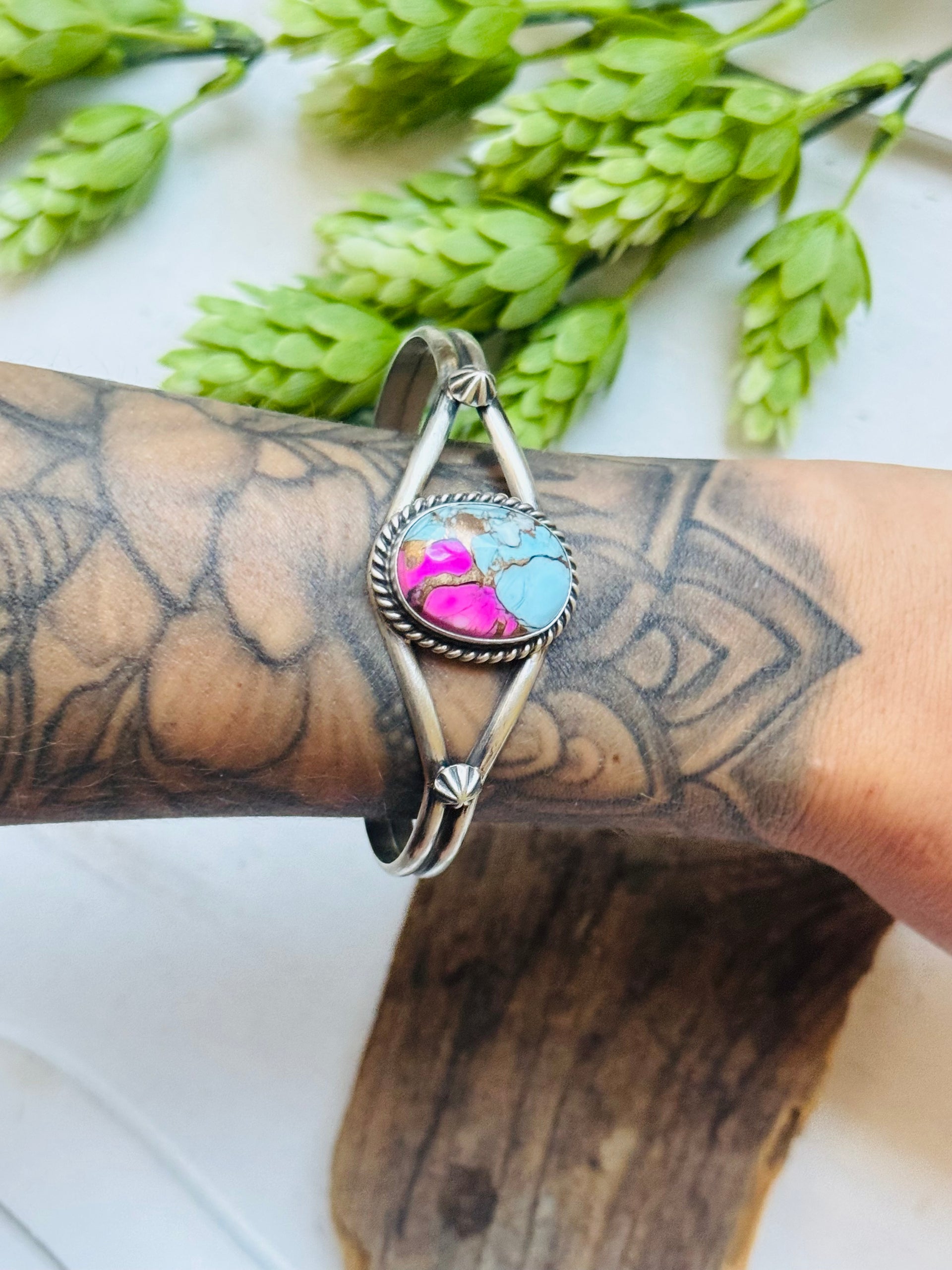 Donovan Skeets Cotton Candy Dahlia & Sterling Silver Cuff Bracelet