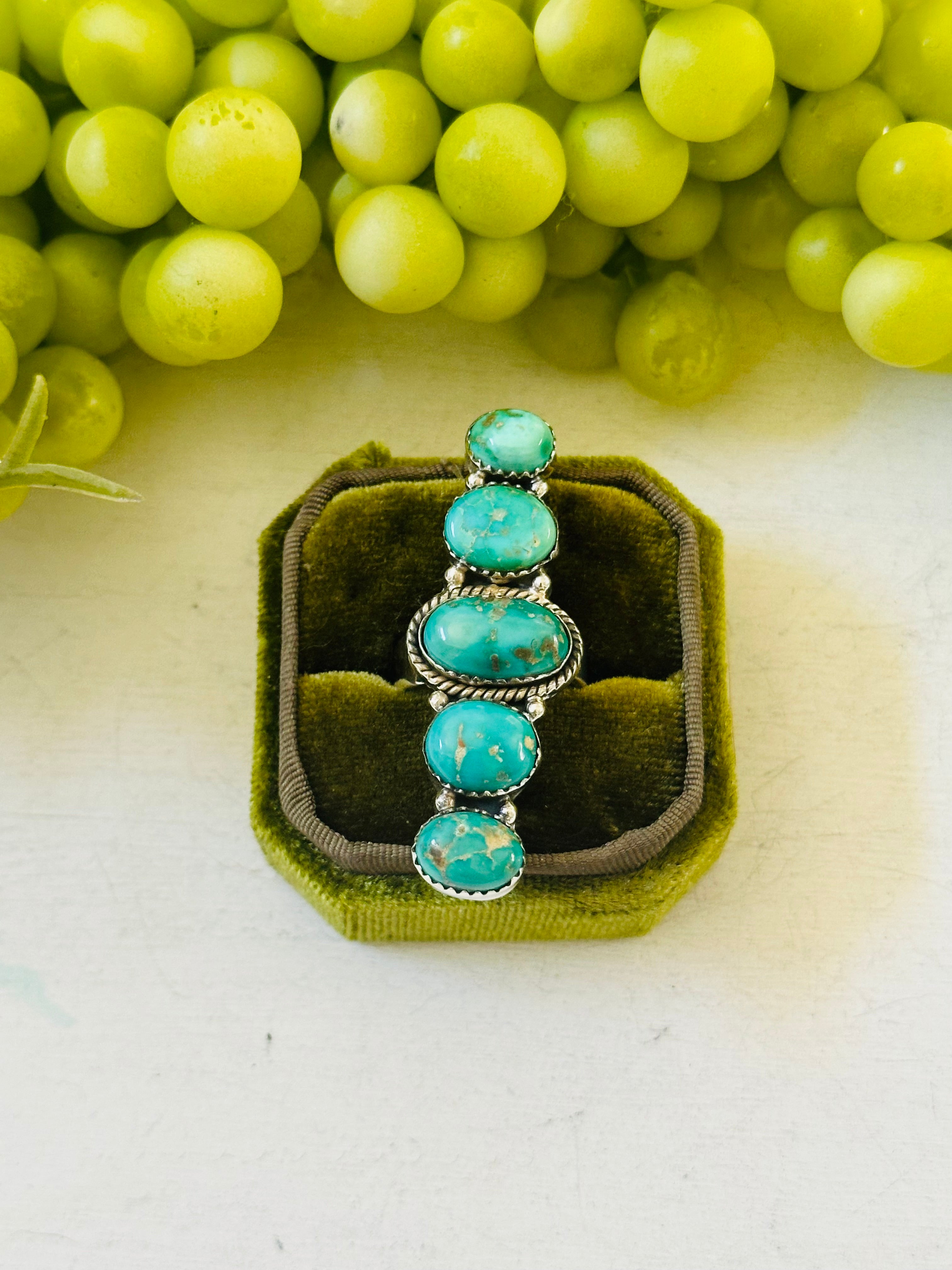 Southwest Handmade Emerald Valley Turquoise & Sterling Silver Adjustable Cluster Ring