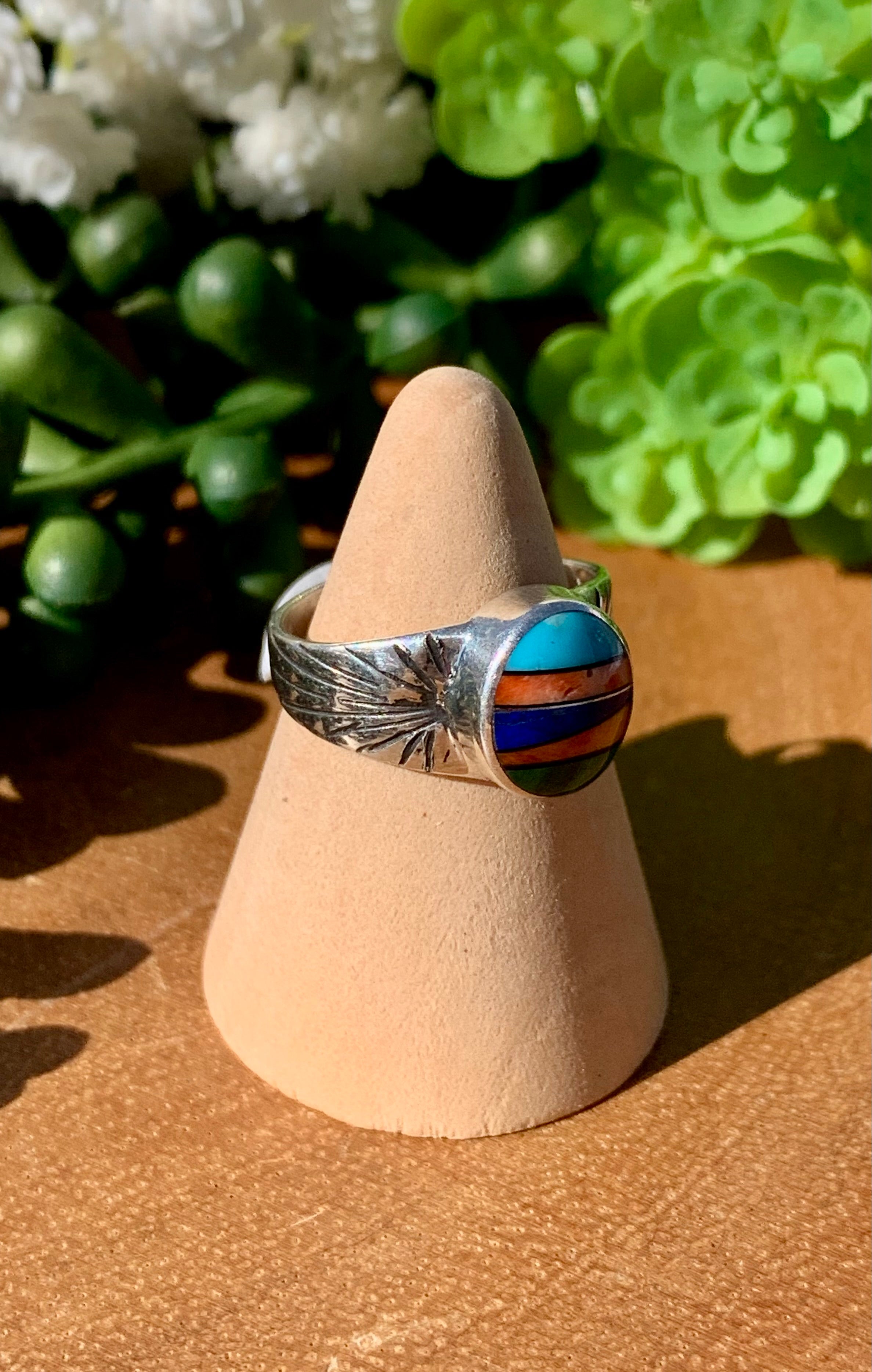 Navajo Made Multi Stone & Sterling Silver Ring Size 6.75