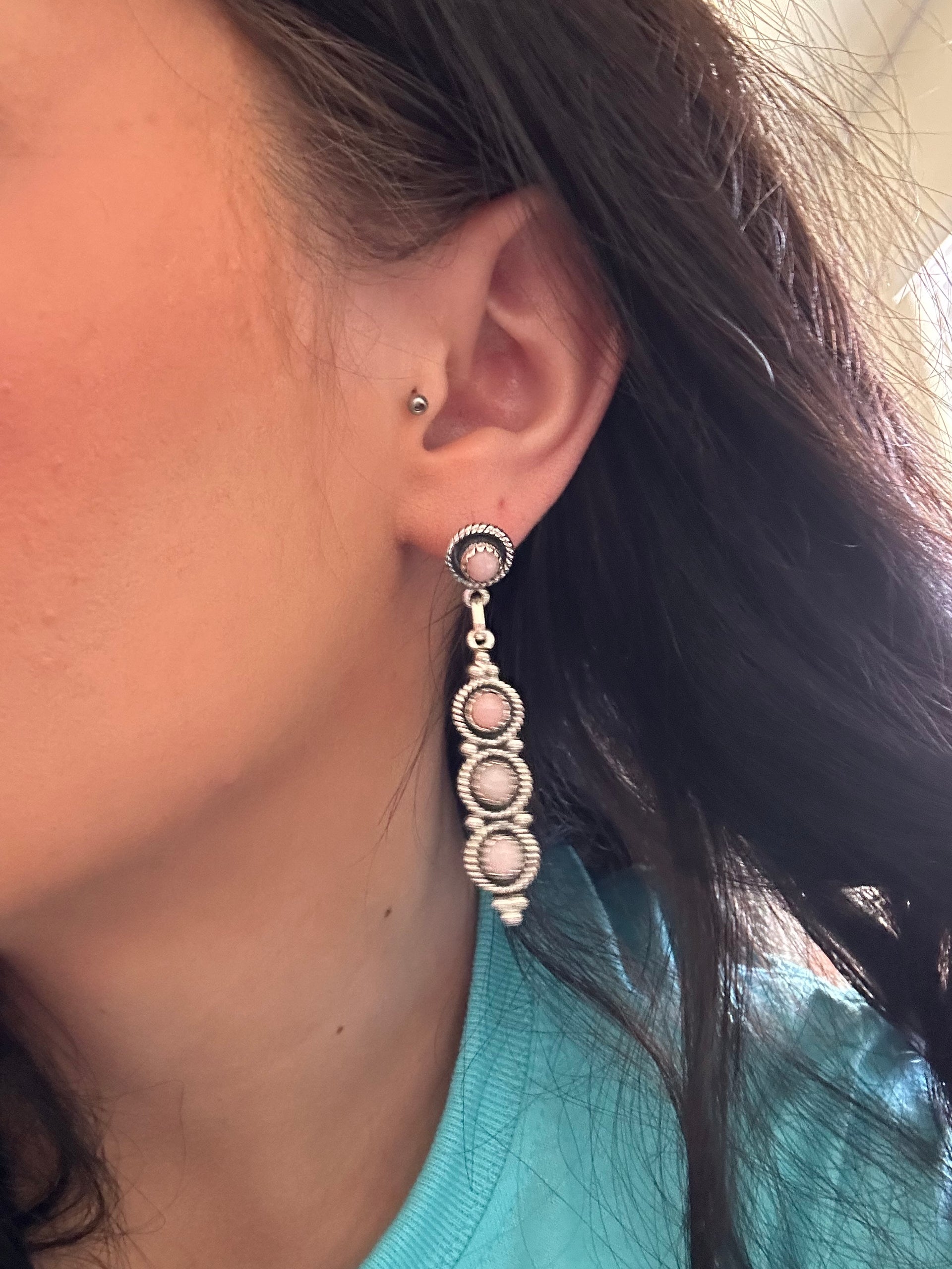 Southwest Handmade Peruvian Pink Opal & Sterling Silver Post Dangle Earrings
