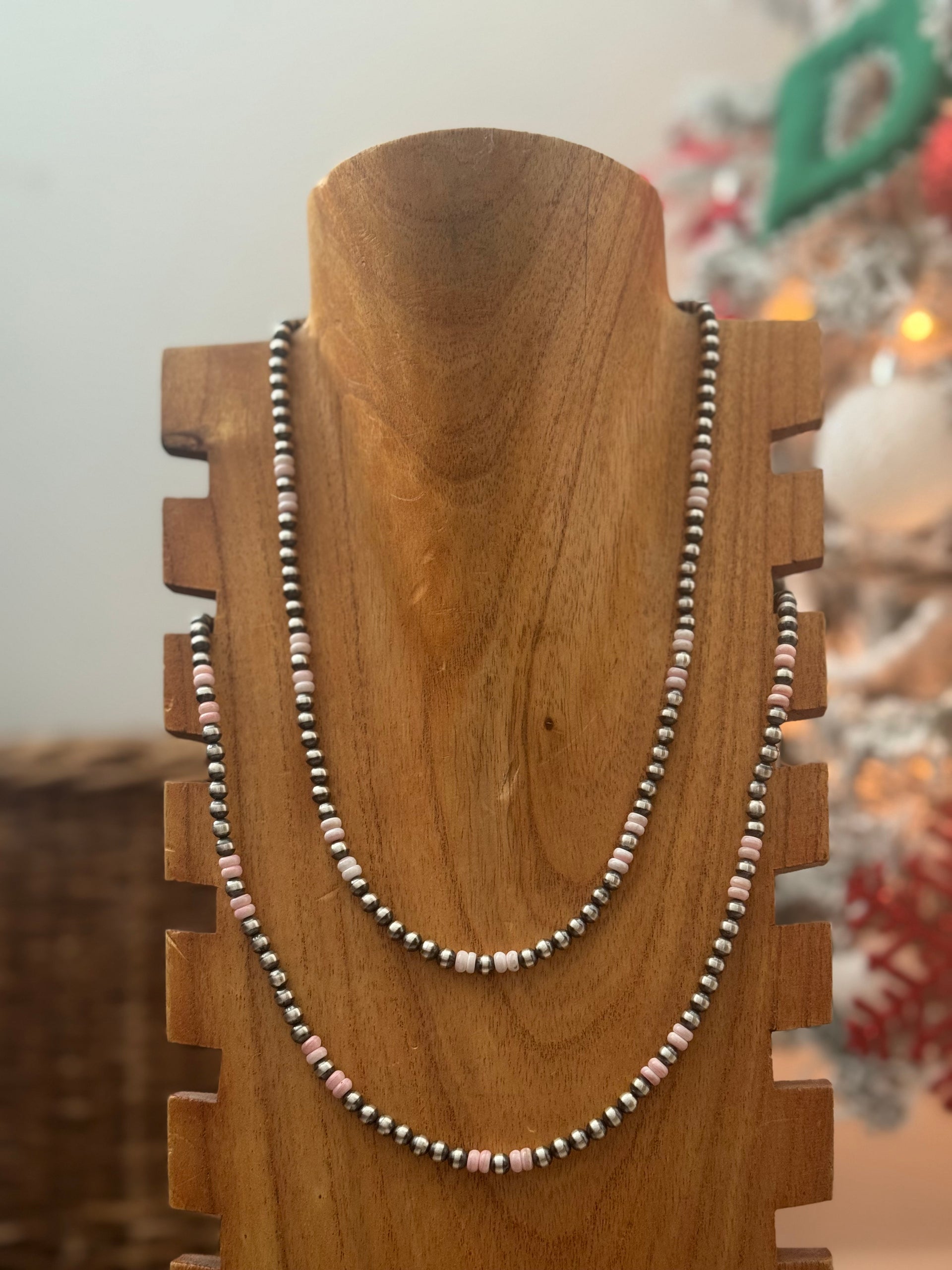 Navajo Strung Pink Conch & Sterling Silver Pearl Necklace