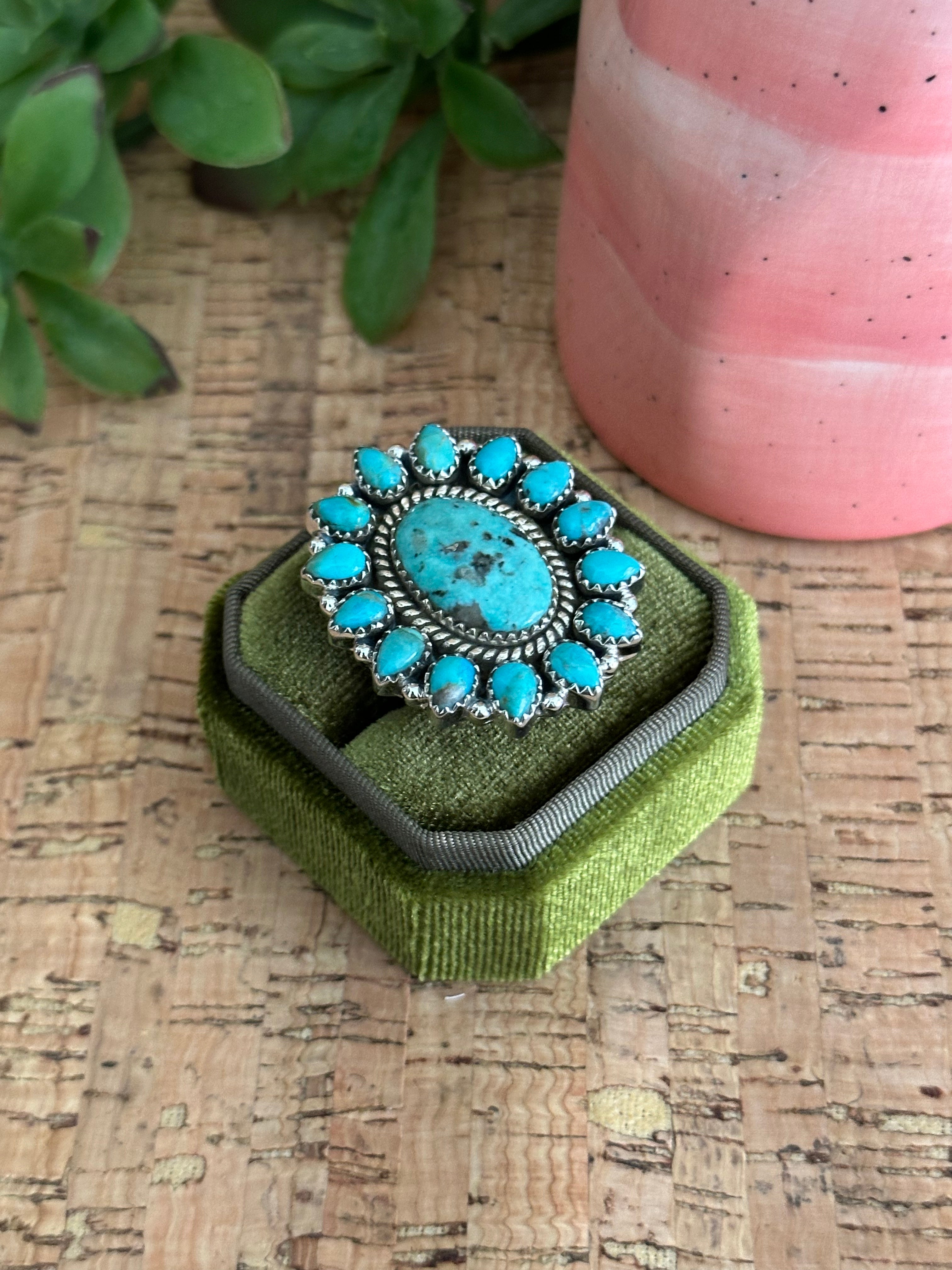 Southwest Handmade Kingman Turquoise & Sterling Silver Adjustable Cluster Ring