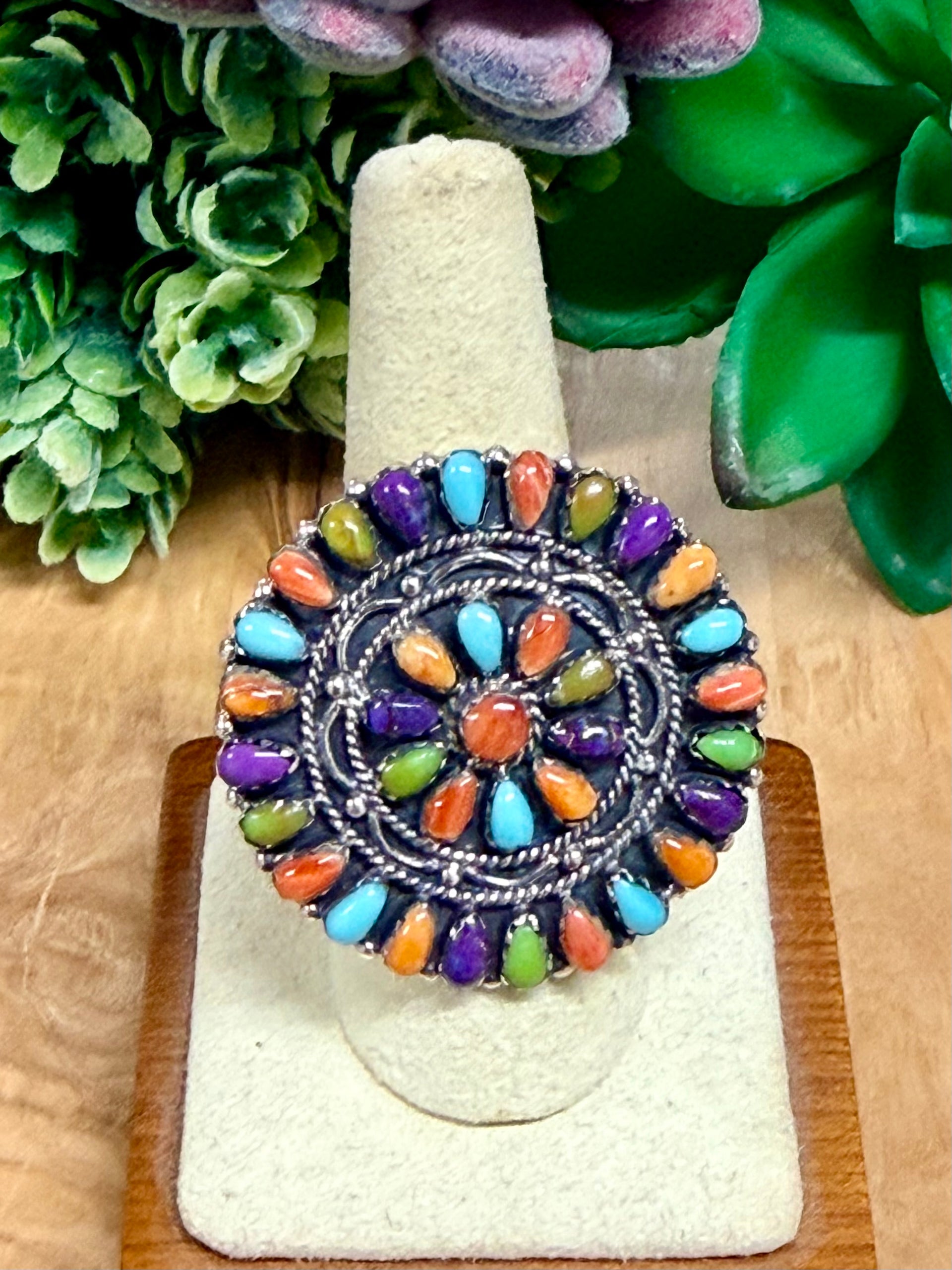 Southwest Handmade Multi Stone & Sterling Silver Ring Size 8.75