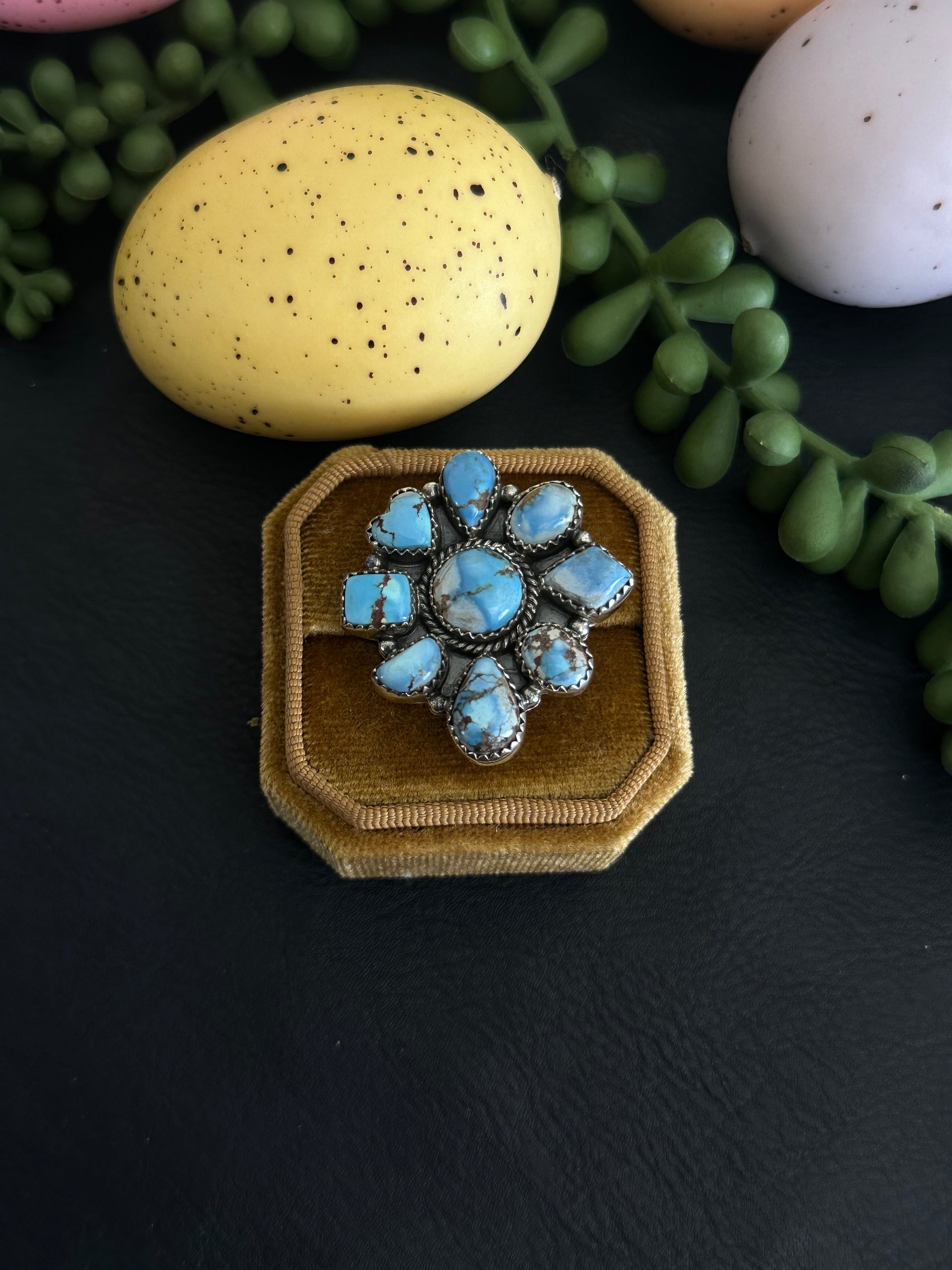 Southwest Handmade Golden Hills Turquoise & Sterling Silver Adjustable Cluster Ring