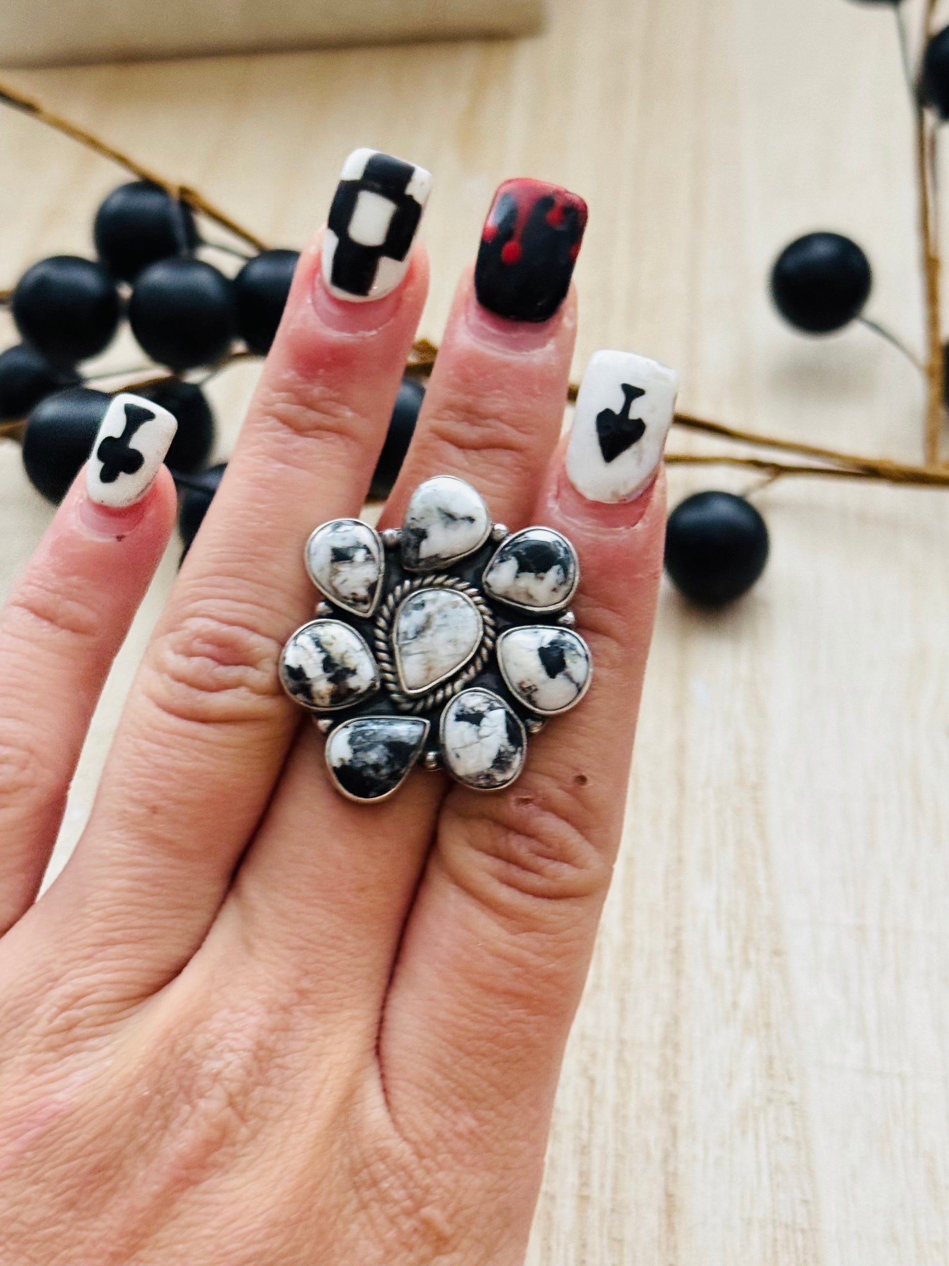 Southwest Handmade White Buffalo & Sterling Silver Adjustable Cluster Ring