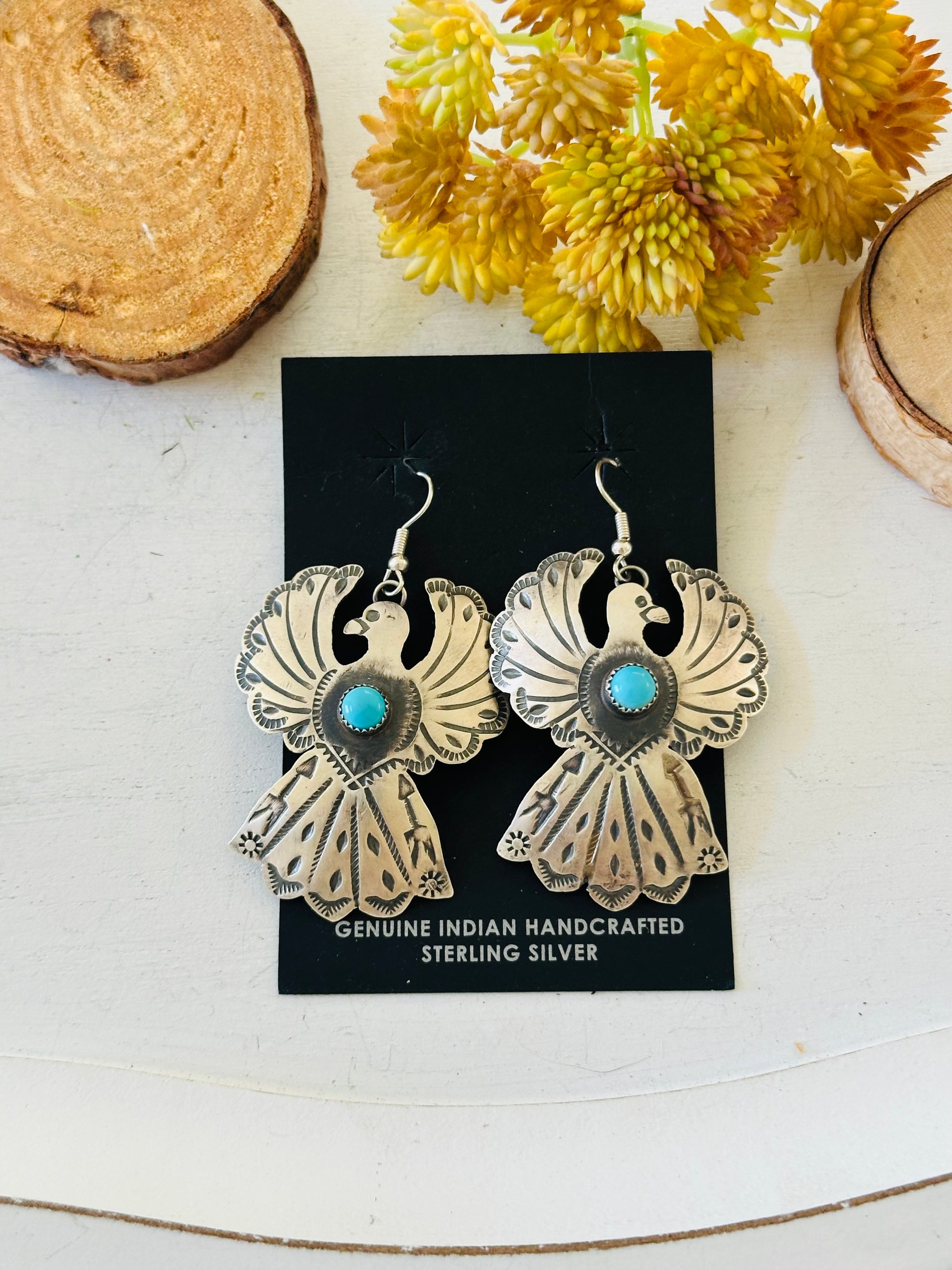 Tim Yazzie Kingman Turquoise & Sterling Silver Thunderbird Dangle Earrings