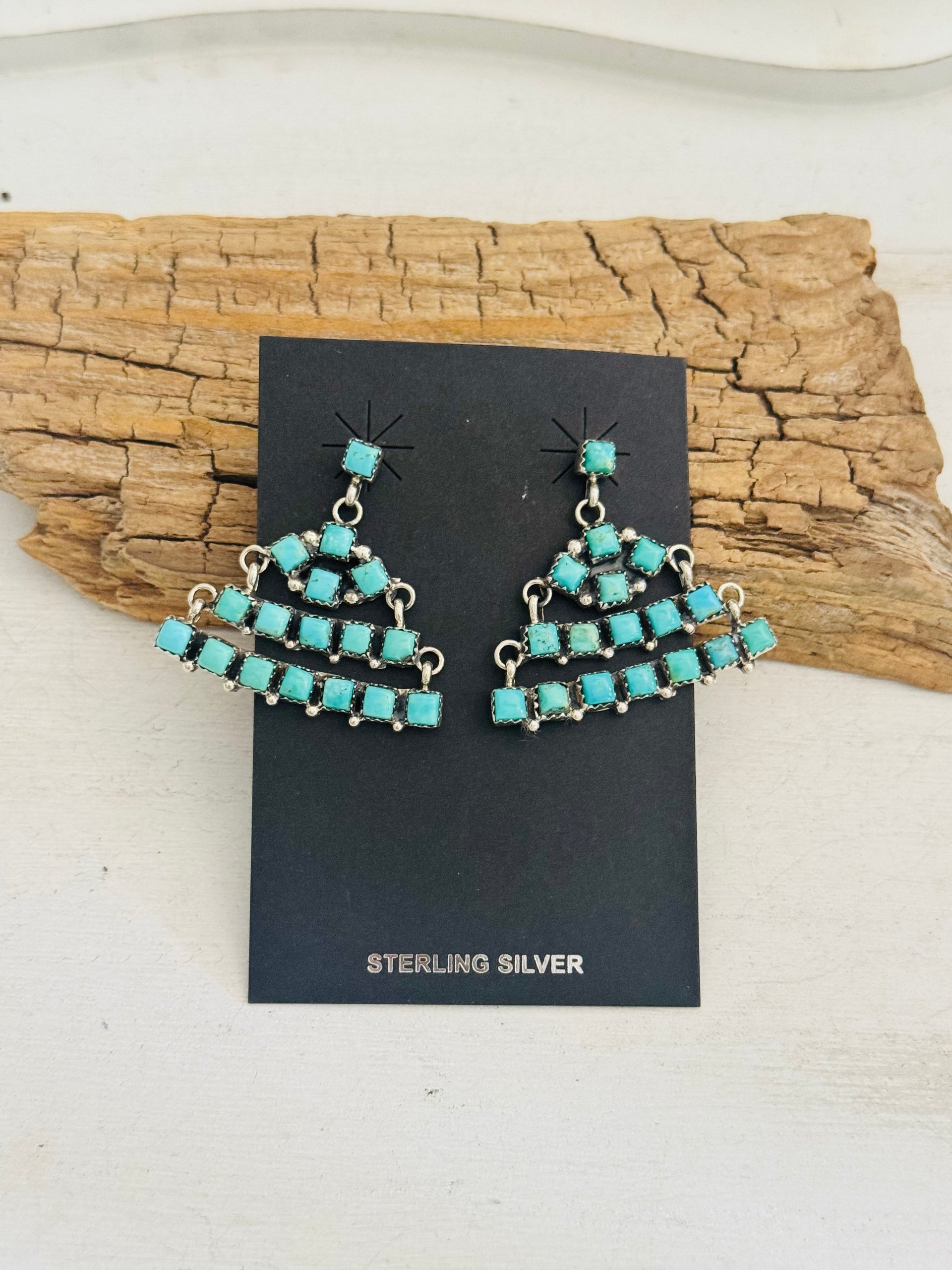 Julia Etsitty Kingman Turquoise & Sterling Silver Post Dangle Cluster Earrings