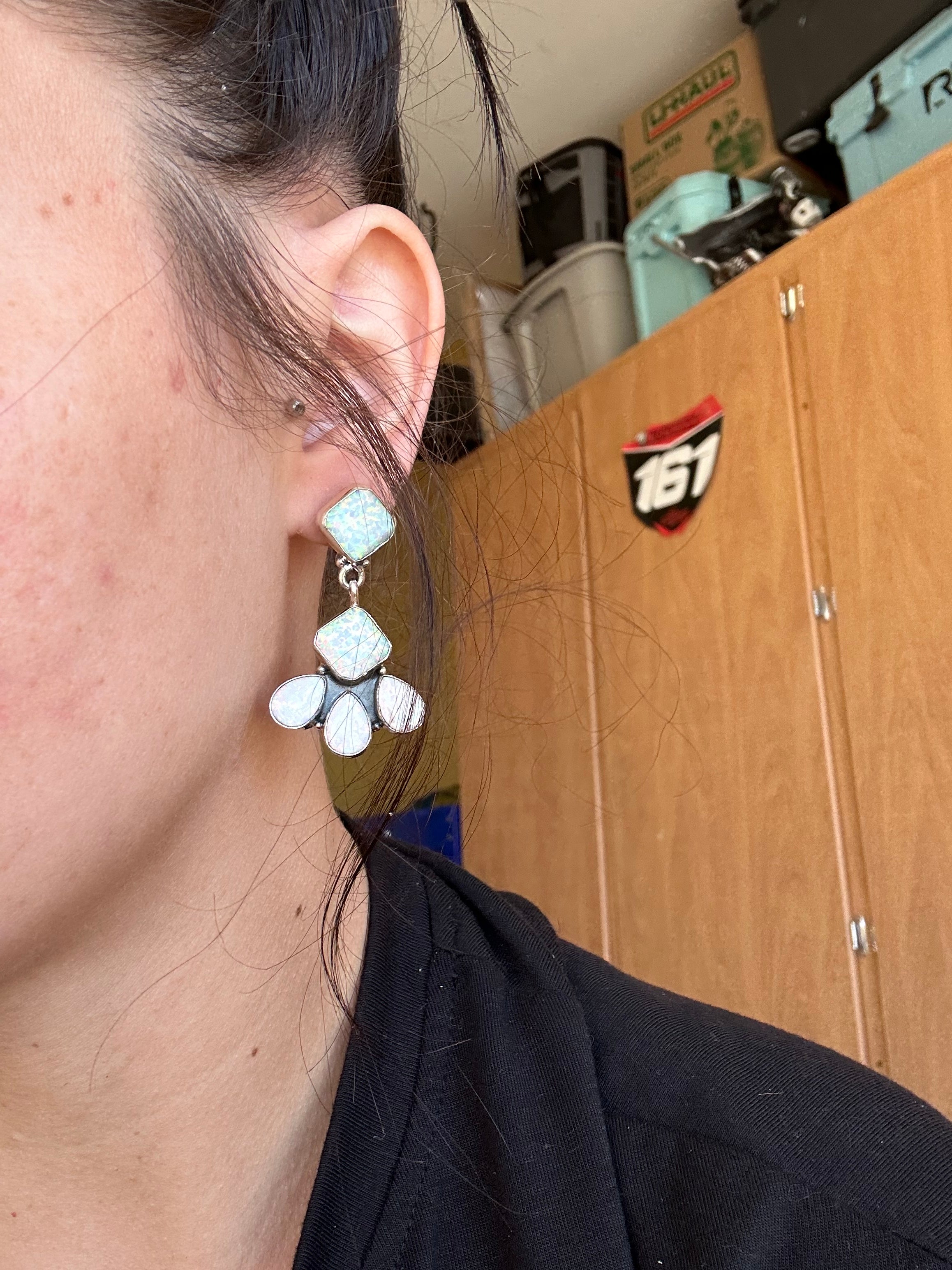 Navajo Made Opal (Man Made) & Sterling Silver Post Dangle Earrings