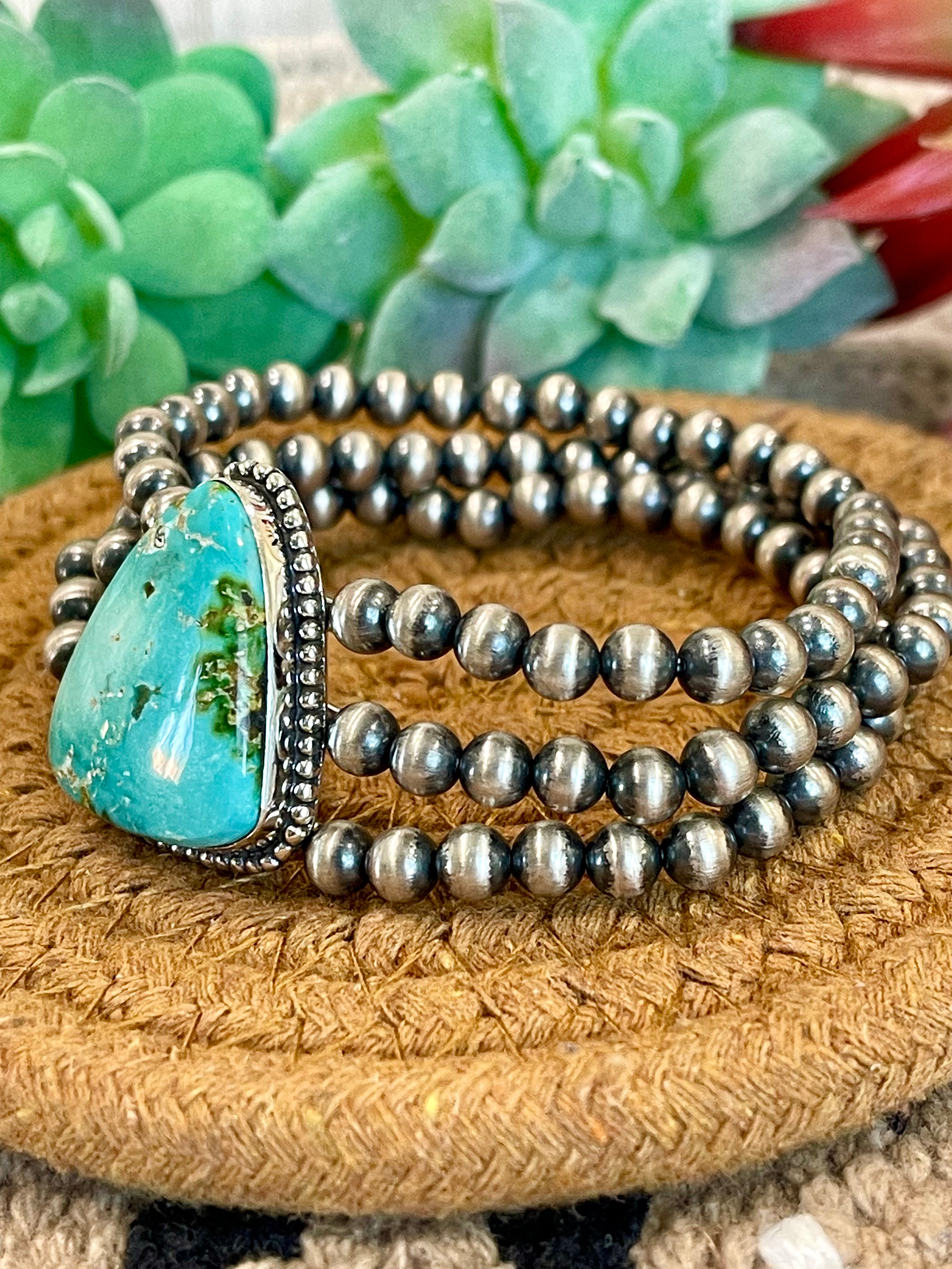 Southwest Handmade Sonoran Mountain Turquoise & Sterling Silver 3 Strand Beaded Stretch Bracelet