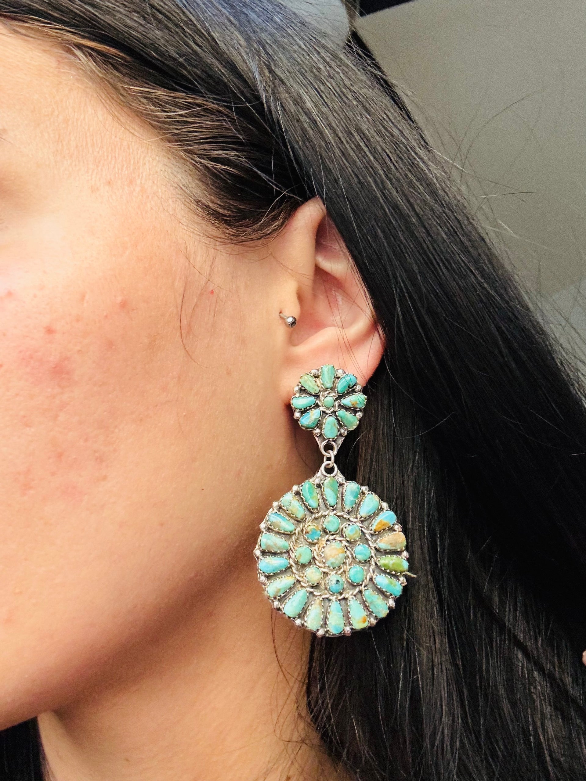 Leander Nez Kingman Turquoise & Sterling Silver Cluster Post Dangle Earrings