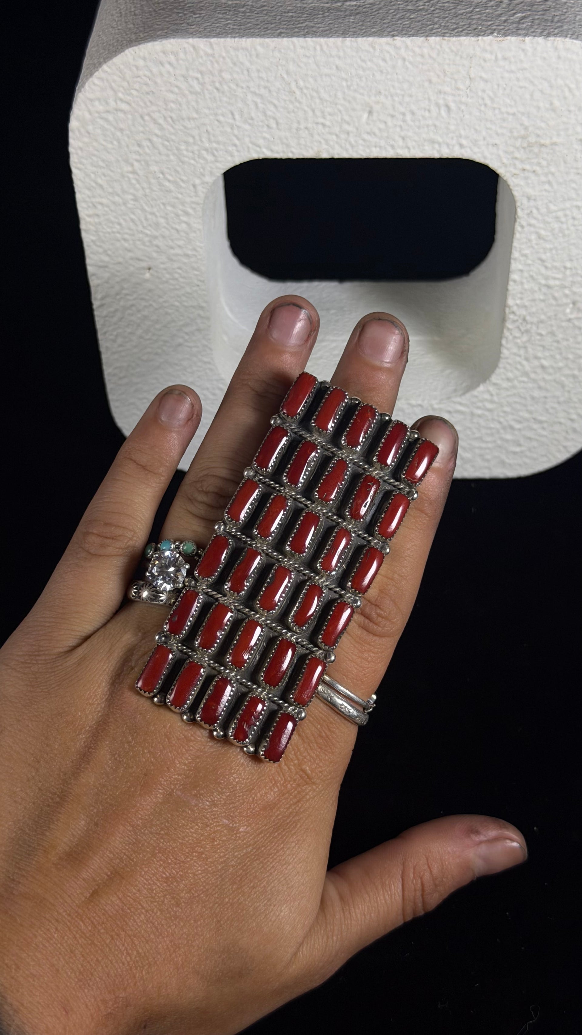 Navajo Made Mediterranean Coral & Sterling Silver Adjustable Cluster Ring