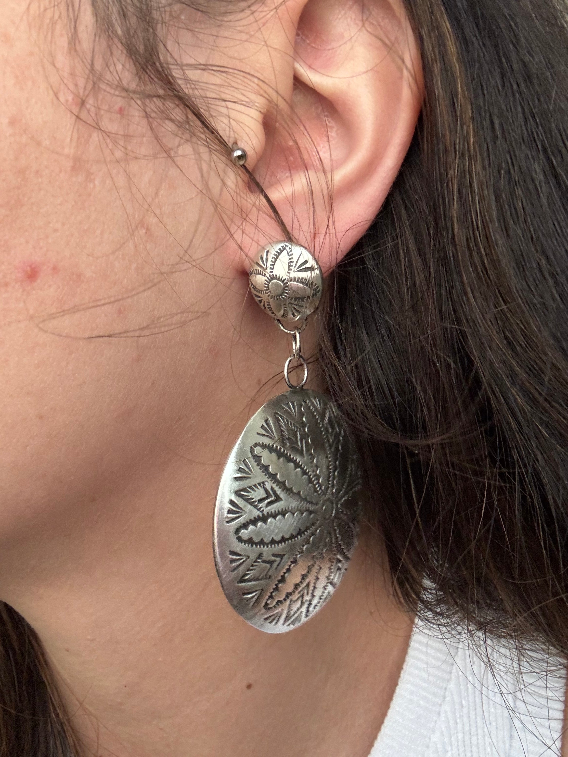 Leander Tahe Sterling Silver Post Dangle Concho Earring