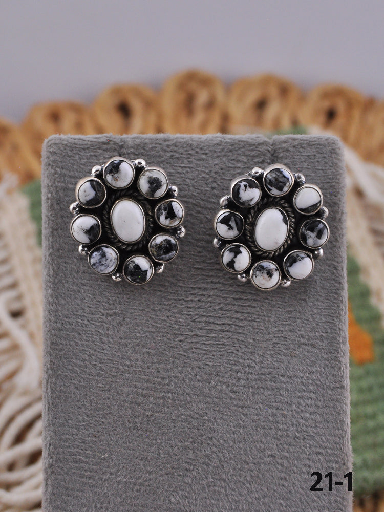 Southwest Handmade White Buffalo & Sterling Silver Post Cluster Earrings