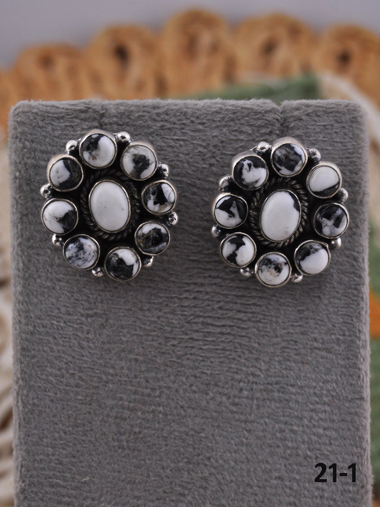 Southwest Handmade White Buffalo & Sterling Silver Post Cluster Earrings