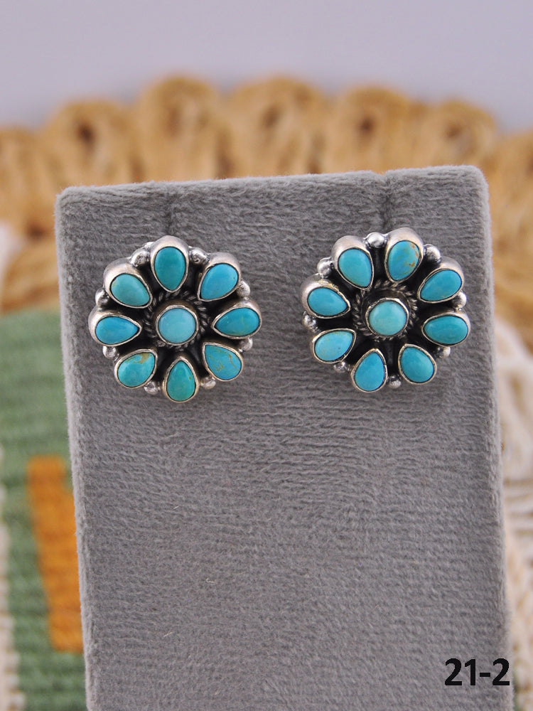 Southwest Handmade Kingman Turquoise & Sterling Silver Post Cluster Earrings