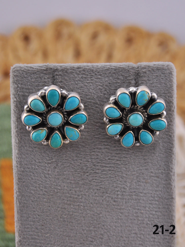 Southwest Handmade Kingman Turquoise & Sterling Silver Post Cluster Earrings