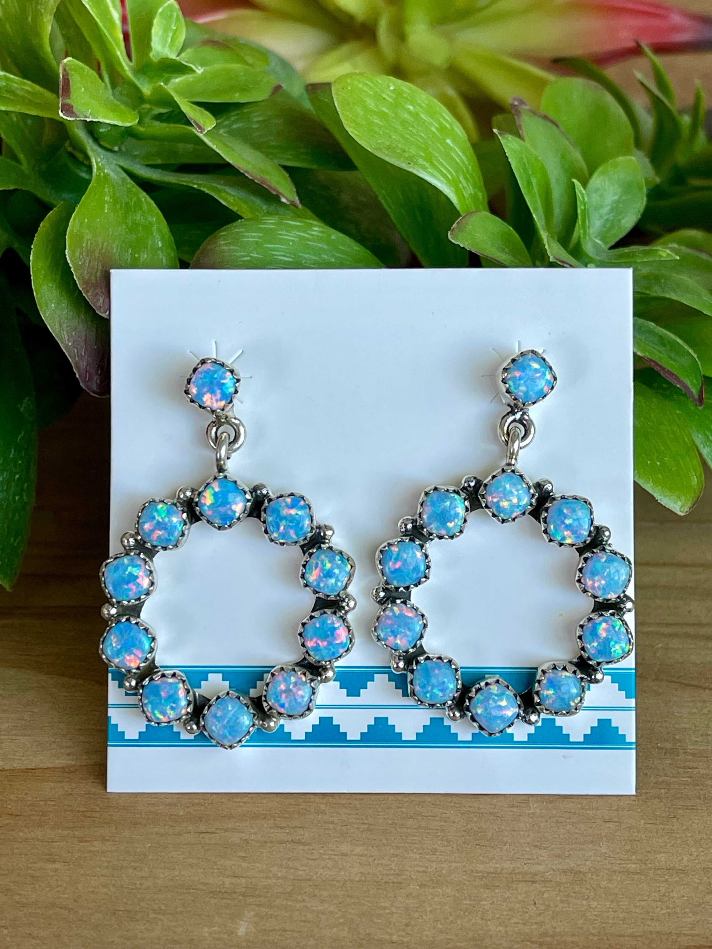 Southwest Handmade Blue Opal Post Circle Earrings