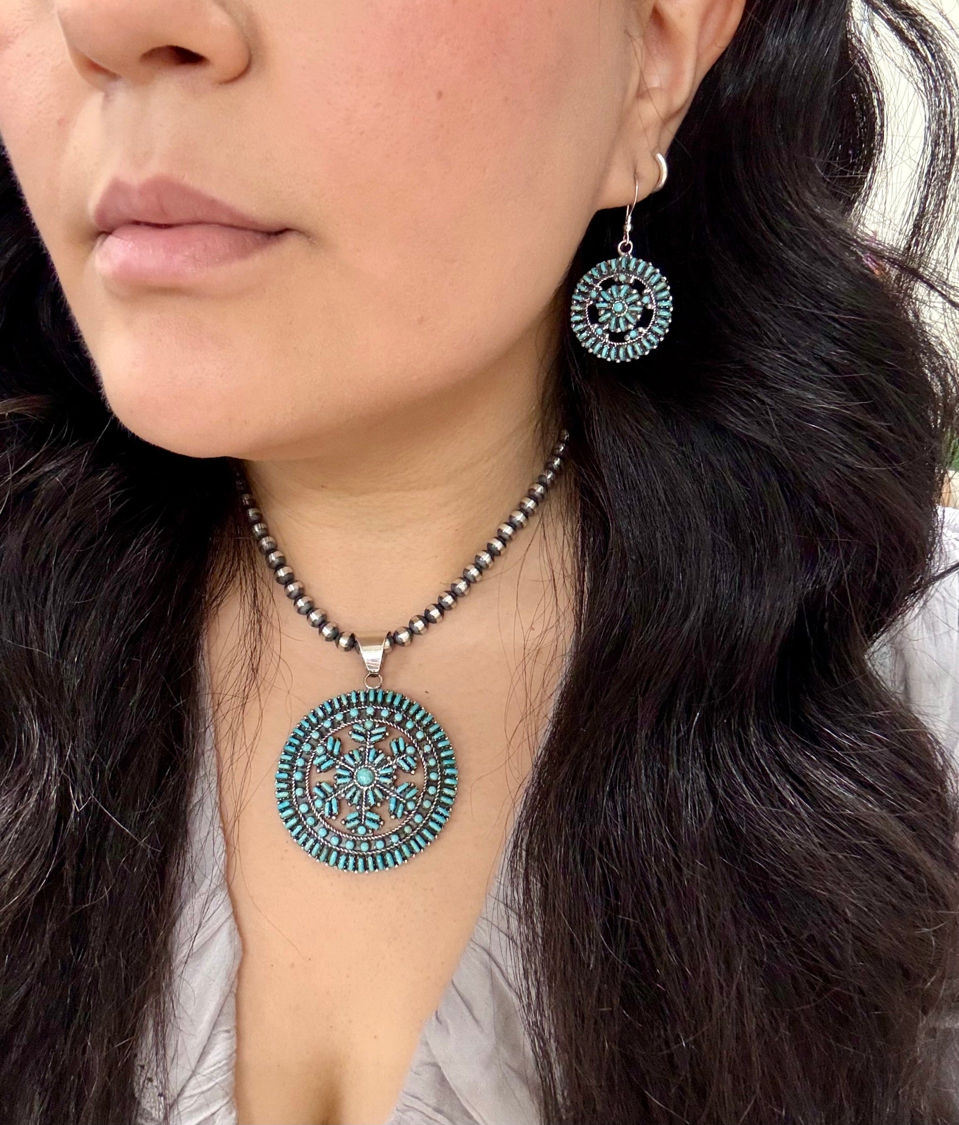 Southwest Handmade Kingman Turquoise & Sterling Silver Pendant and Earring Set
