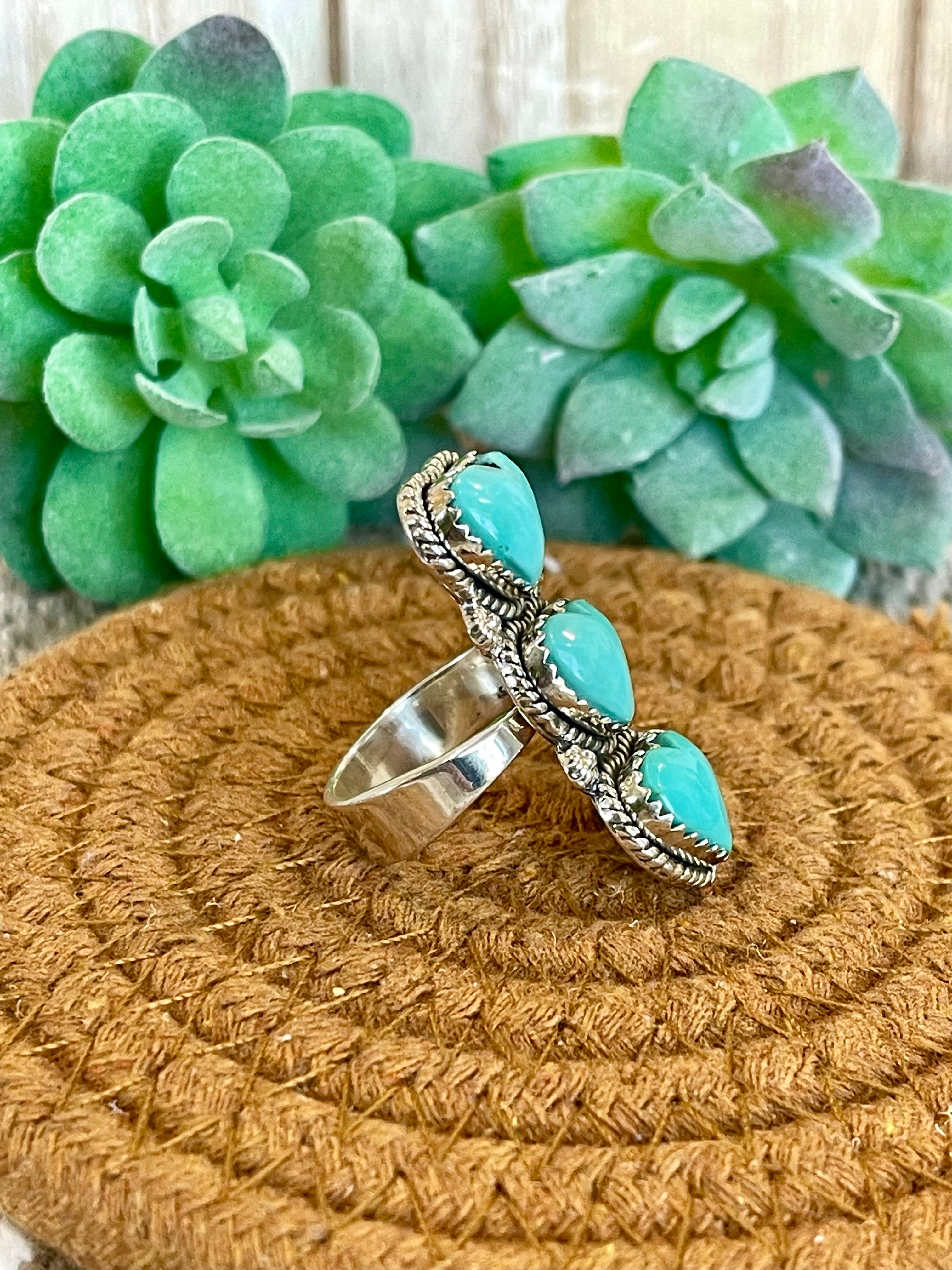 Southwest Handmade Kingman Turquoise & Sterling Silver Adjustable 3 Stone Heart  Ring