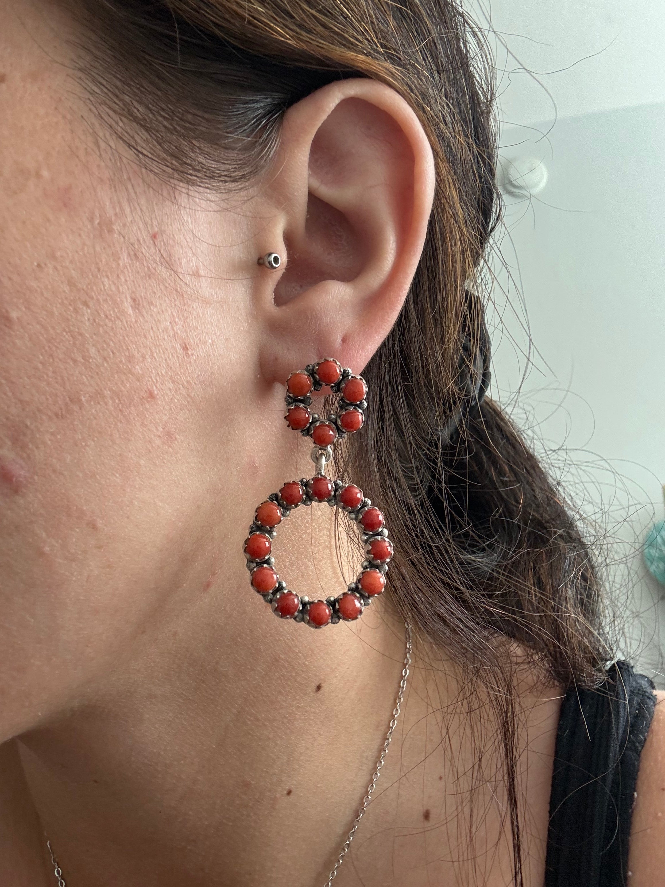 Navajo Made Italian Coral & Sterling Silver Post Dangle Cluster Earrings