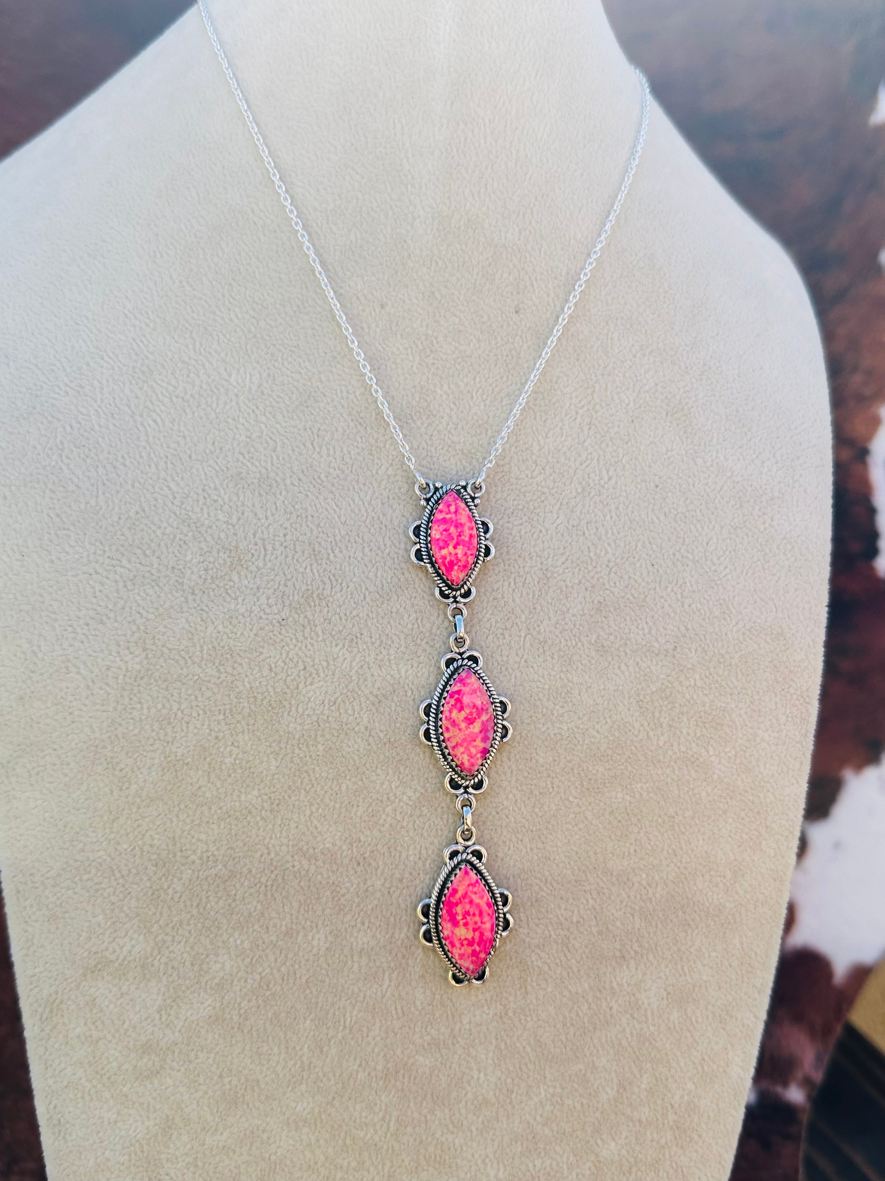 Southwest Handmade Hot Pink Opal & Sterling Silver Necklace