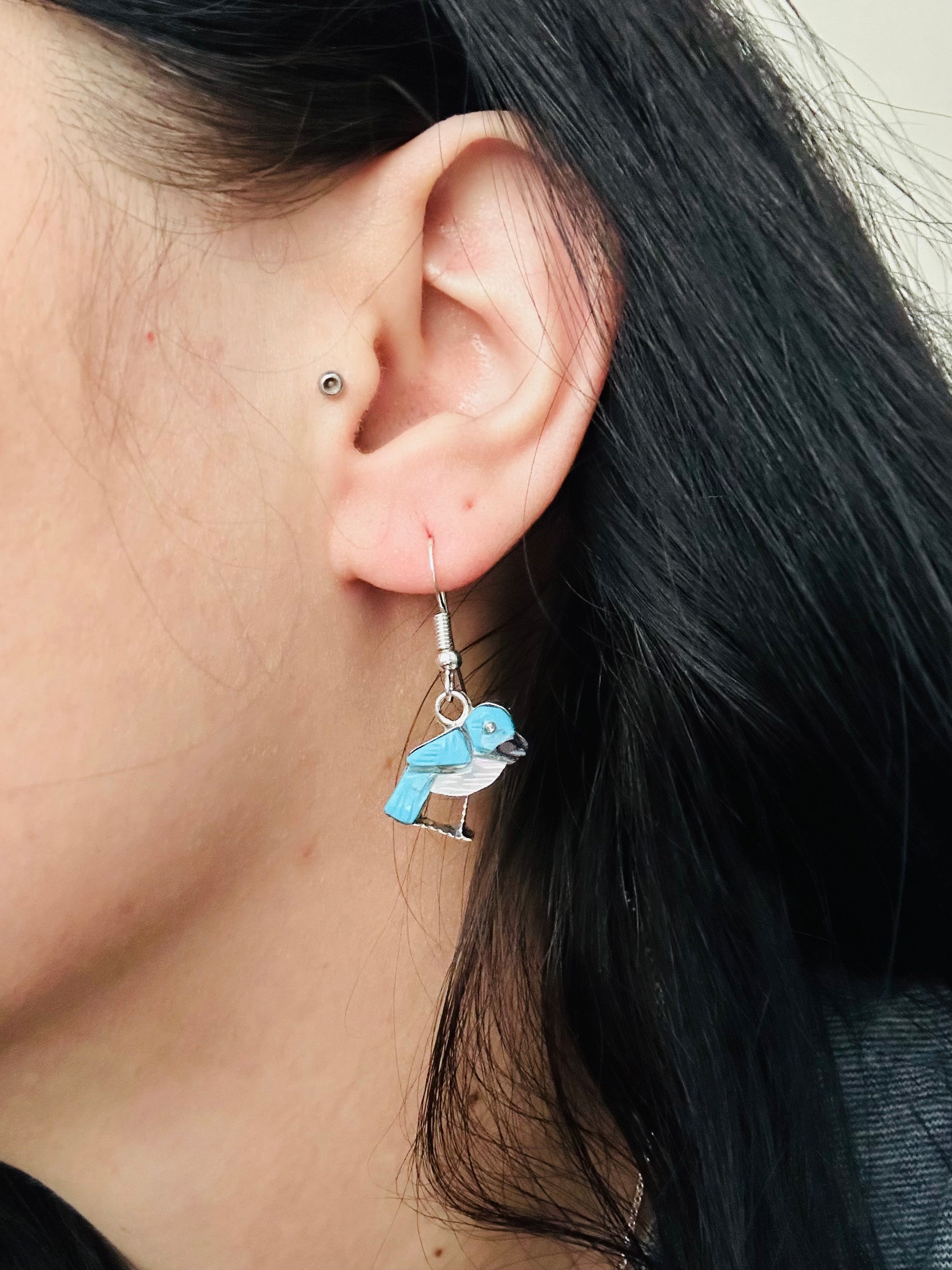 Zuni Fetish Multi Stone & Sterling Silver Dangle Earrings