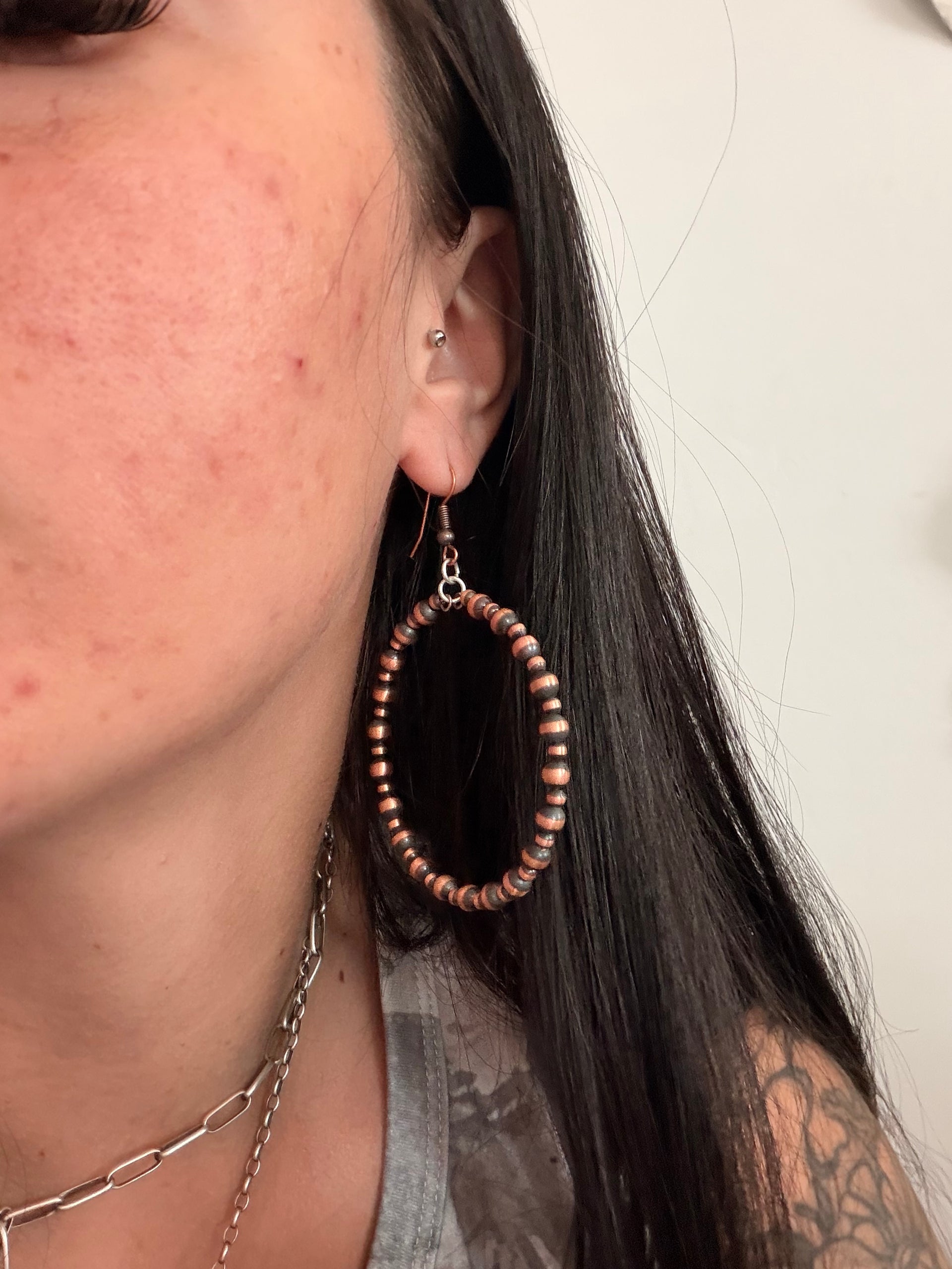 Navajo Strung Copper Graduated Machine Made Pearls Dangle Earrings