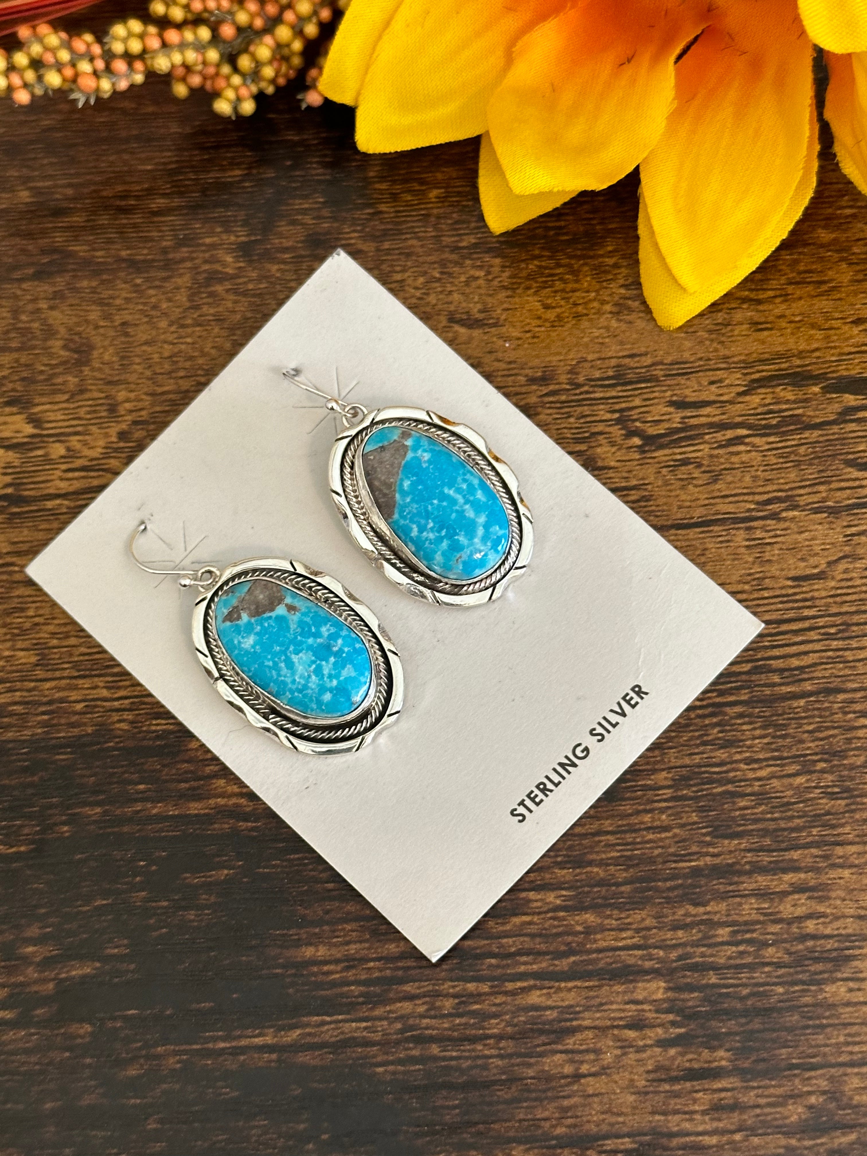 Navajo Made Kingman Turquoise & Sterling Silver Dangle Earrings