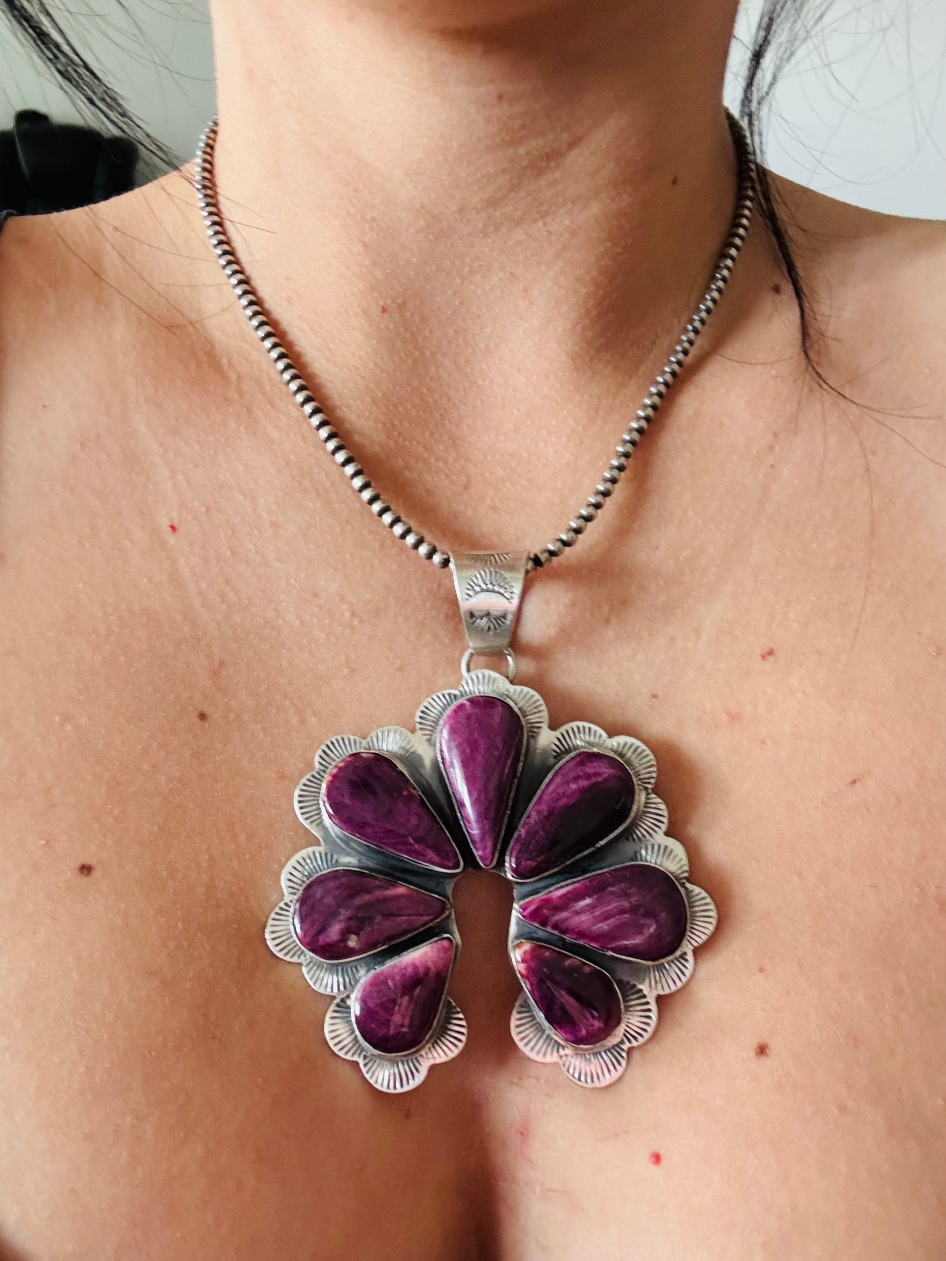 Navajo Made Purple Spiny Oyster & Sterling Silver Naja Pendant