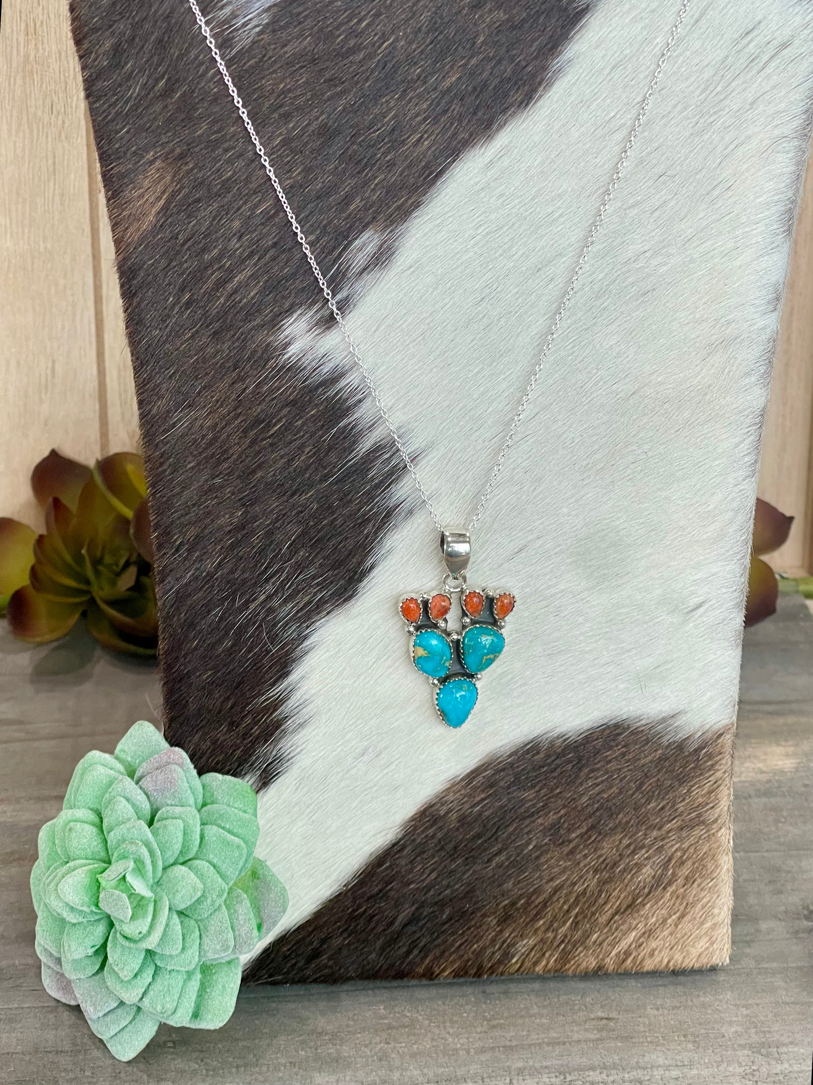 Southwest Handmade Sonoran Mountain Turquoise & Sterling Silver Prickly Pear Necklace