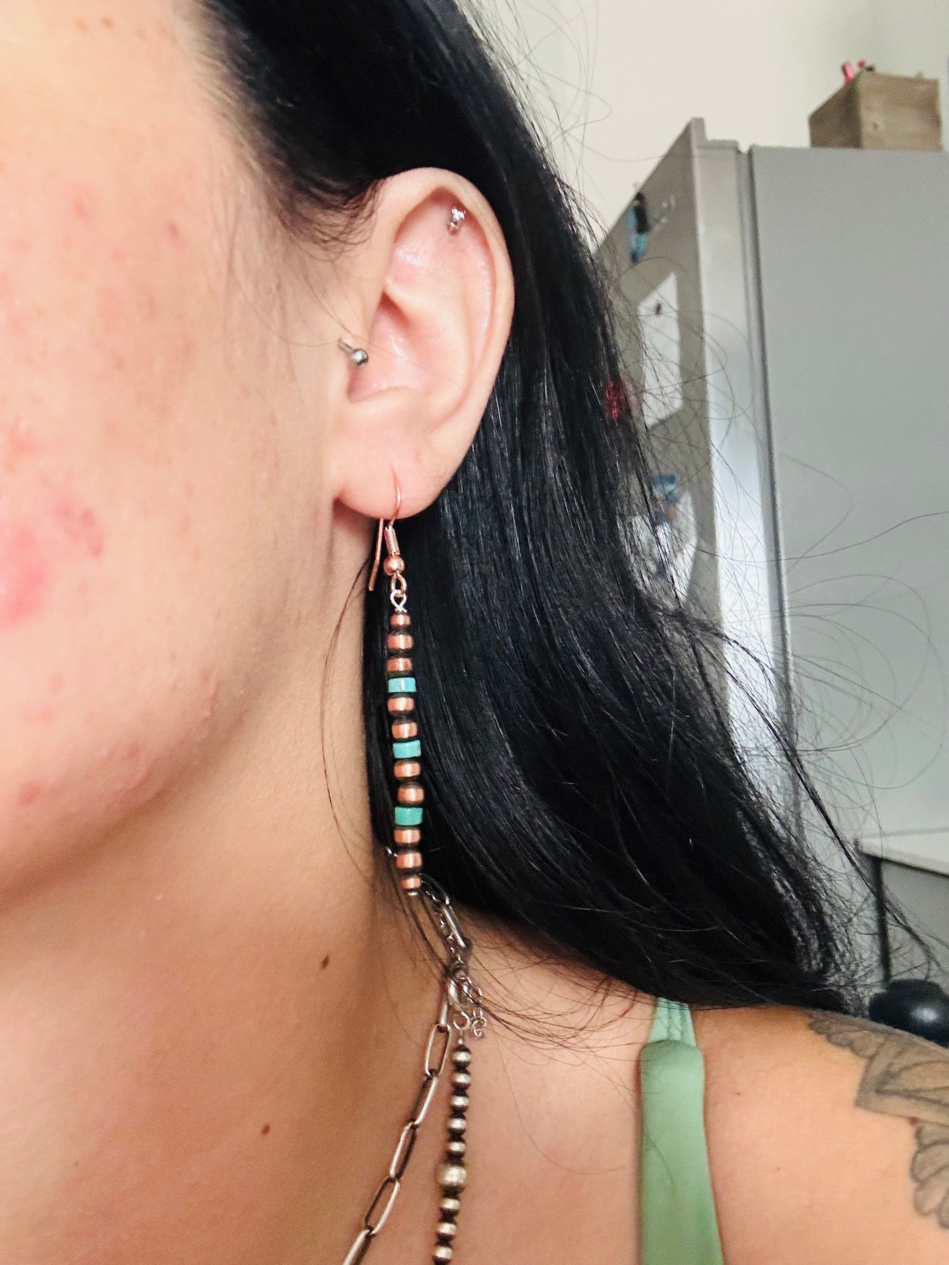 Navajo Strung Turquoise & Copper Pearls Dangle Earrings