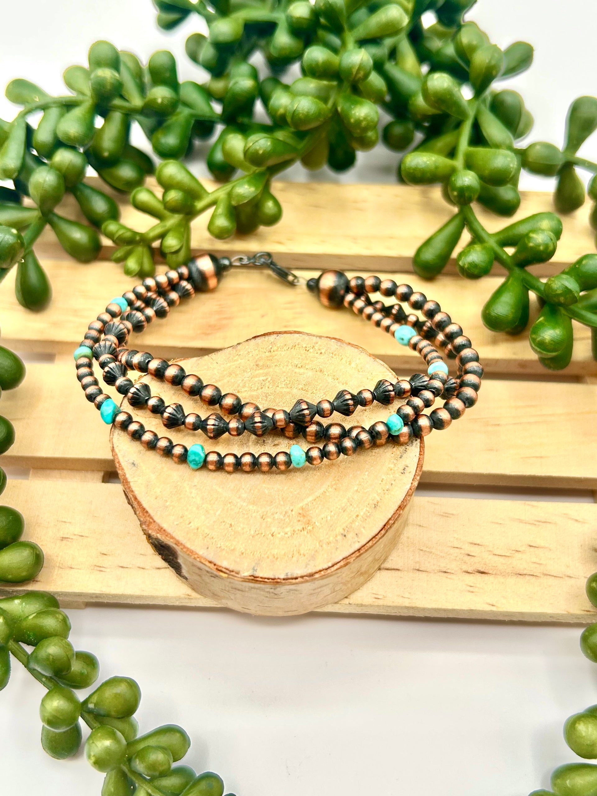 Navajo Made Strung Kingman Turquoise & Copper Link Bracelet
