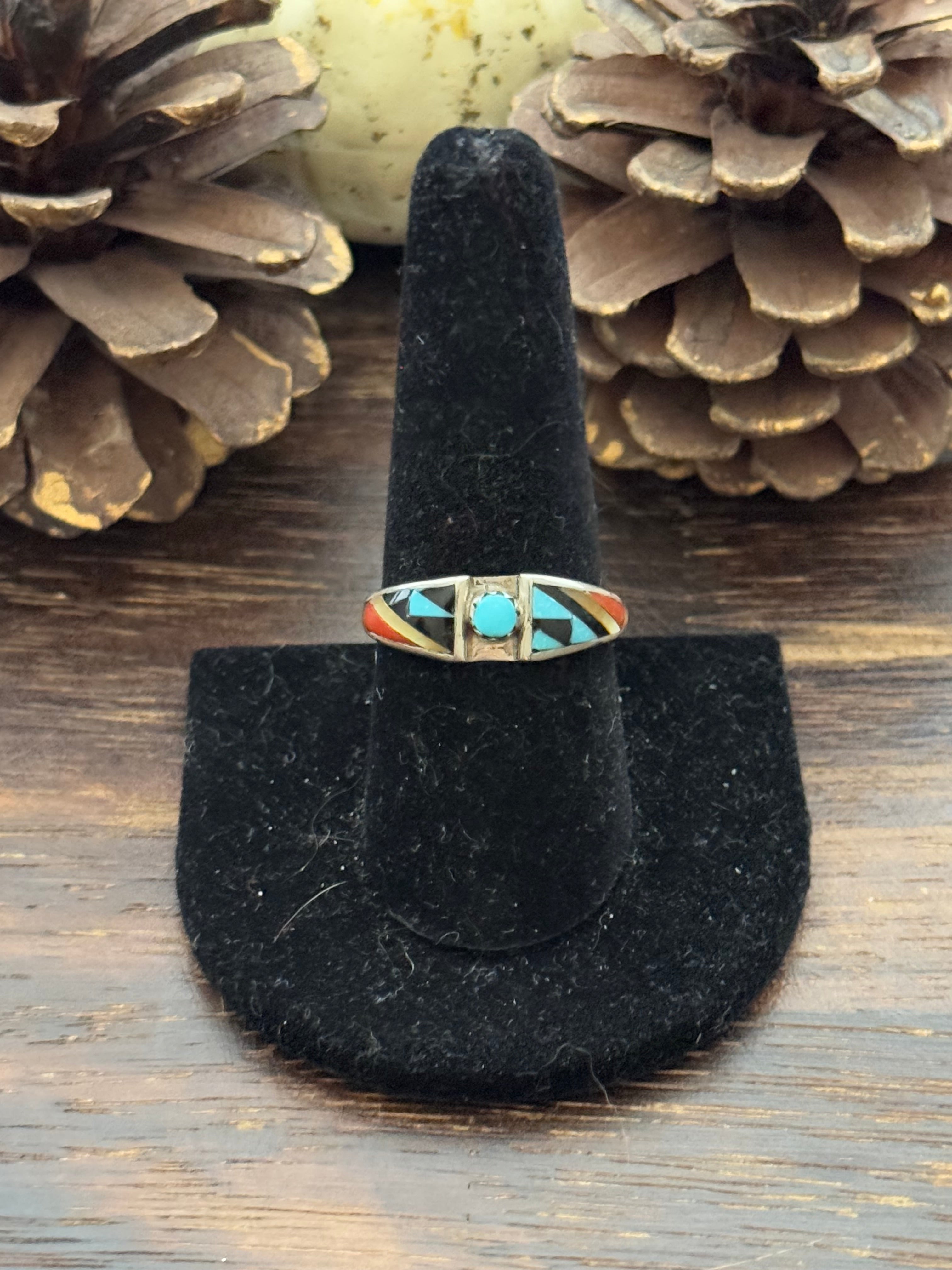 Zuni Made Multi Stone & Sterling Silver Inlay Ring