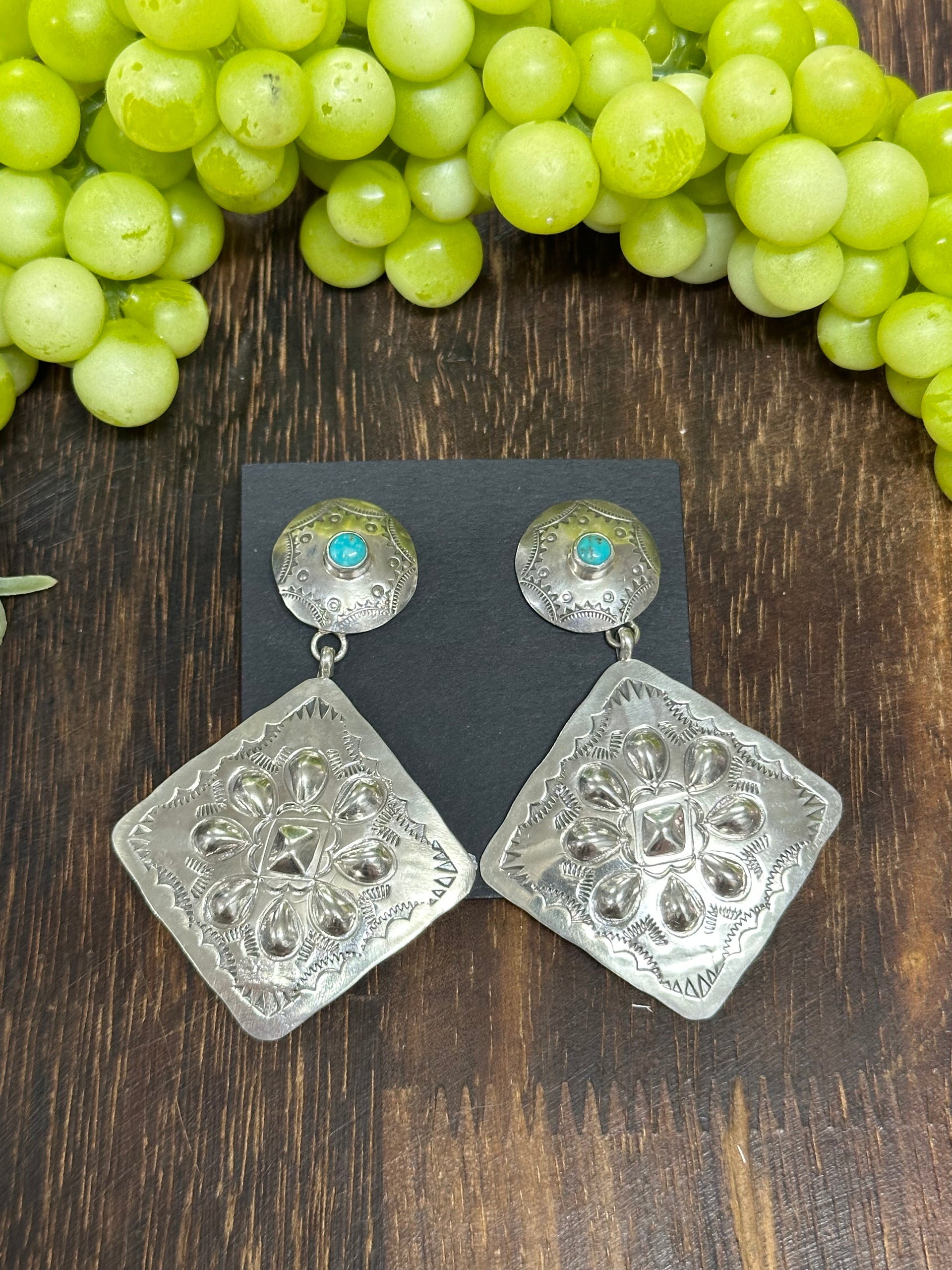 Navajo Made Kingman Turquoise & Sterling Silver Post Dangle Concho Earrings
