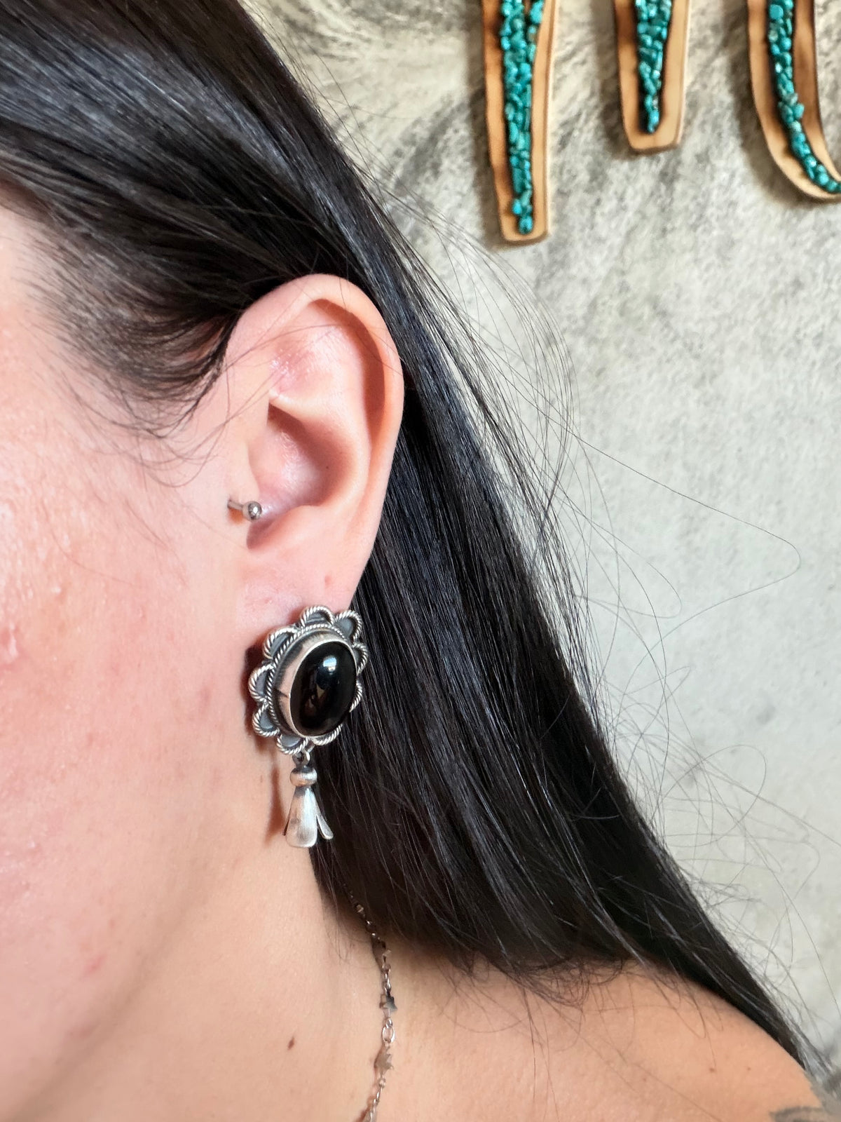 Navajo Made Onyx & Sterling Silver Post Dangle Blossom Earrings